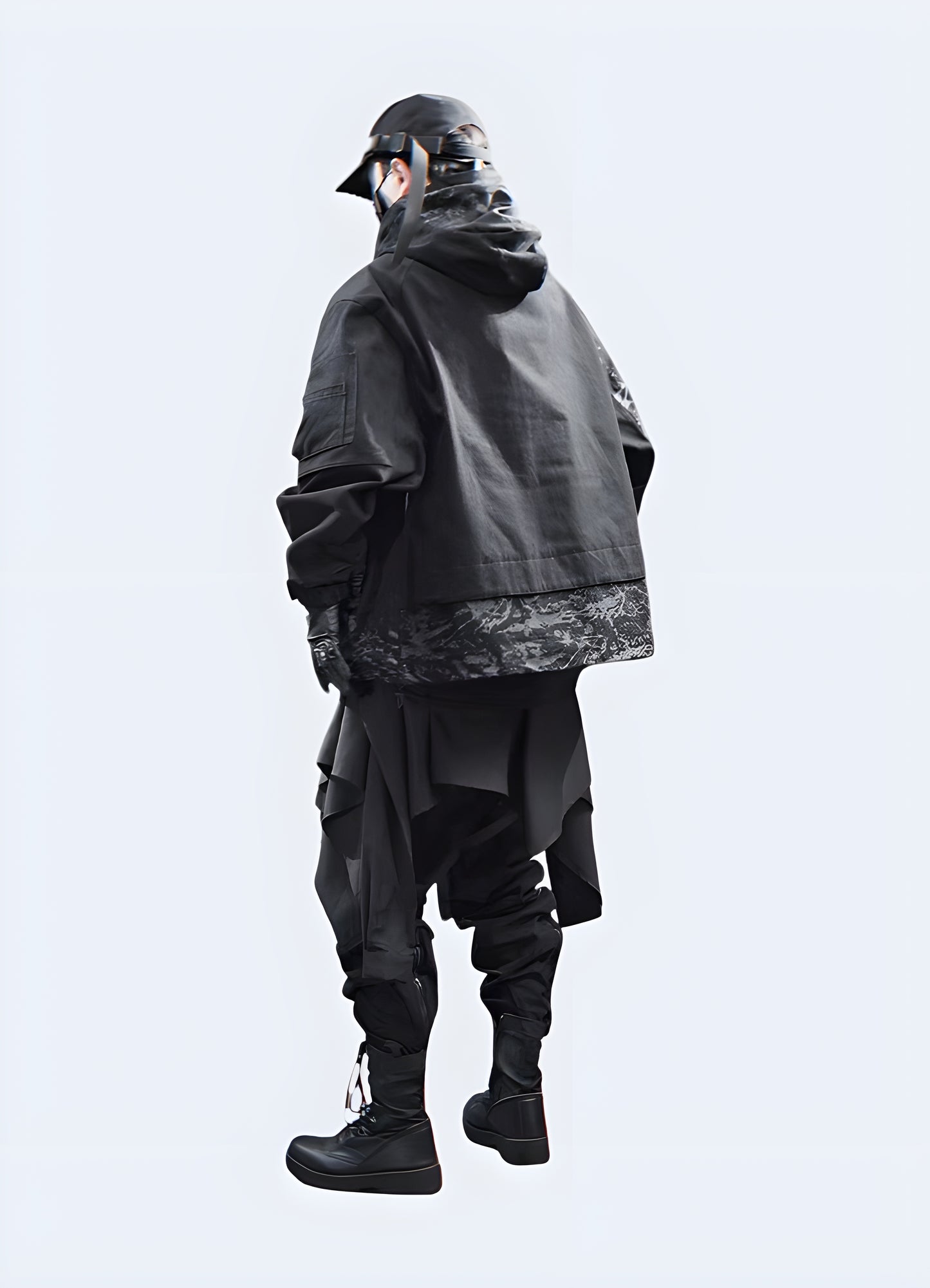 Man wearing a techwear windbreaker jacket, back view. The sleek, functional design of this windbreaker is perfect for urban streetwear enthusiasts, offering a weather-resistant exterior and stylish, futuristic look. Ideal for those seeking both style and practicality in their outerwear.