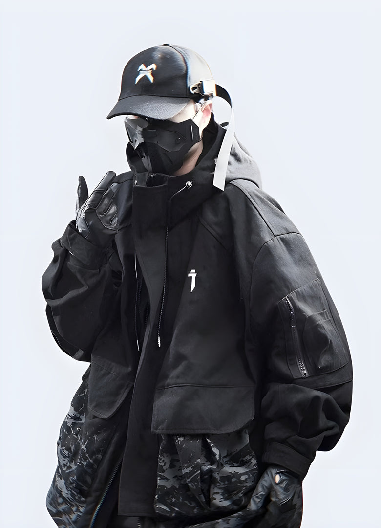 Lightweight and durable techwear windbreaker, designed with advanced fabrics to protect against Canada's windy weather while maintaining breathability and style.