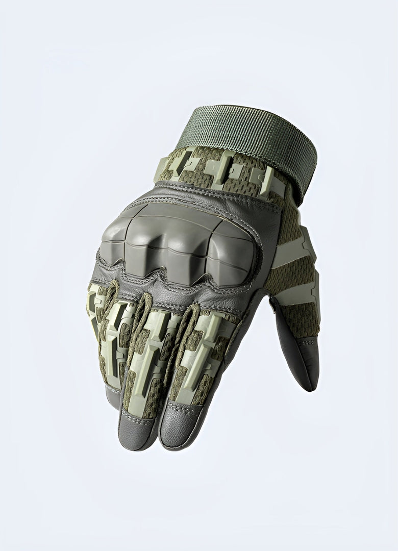 Front view of tactical airsoft gloves showing a rugged design with reinforced knuckles, perfect for combat and outdoor activities in the Canada.