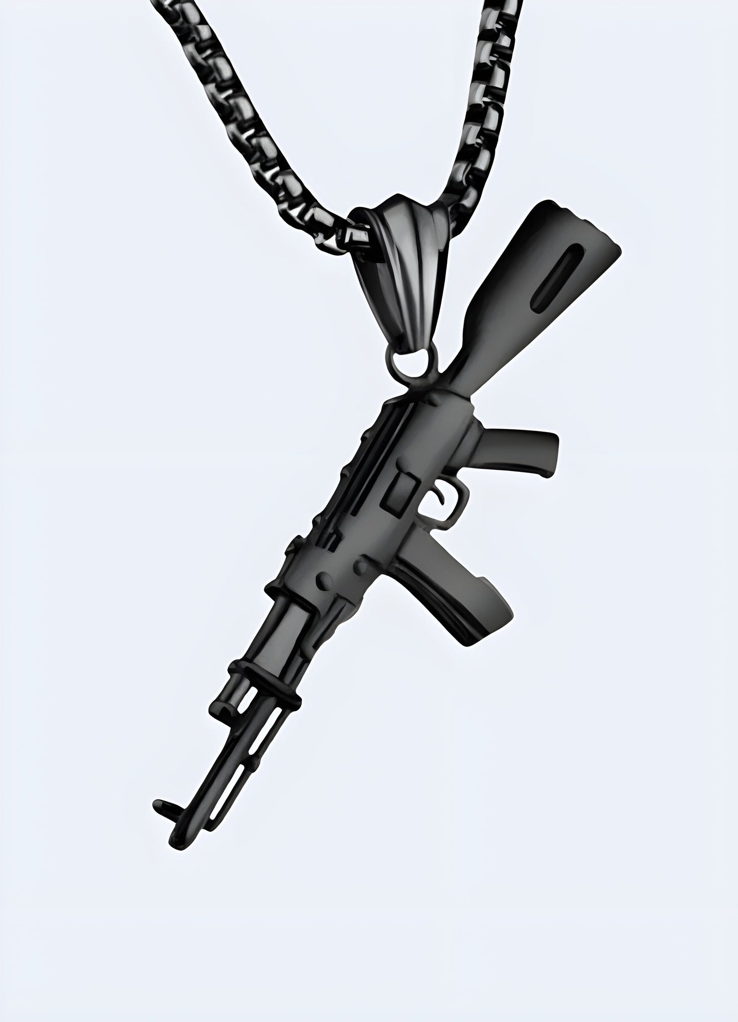Black AK-47 necklace displayed from the front view, showcasing the detailed firearm pendant against a sleek, dark chain.