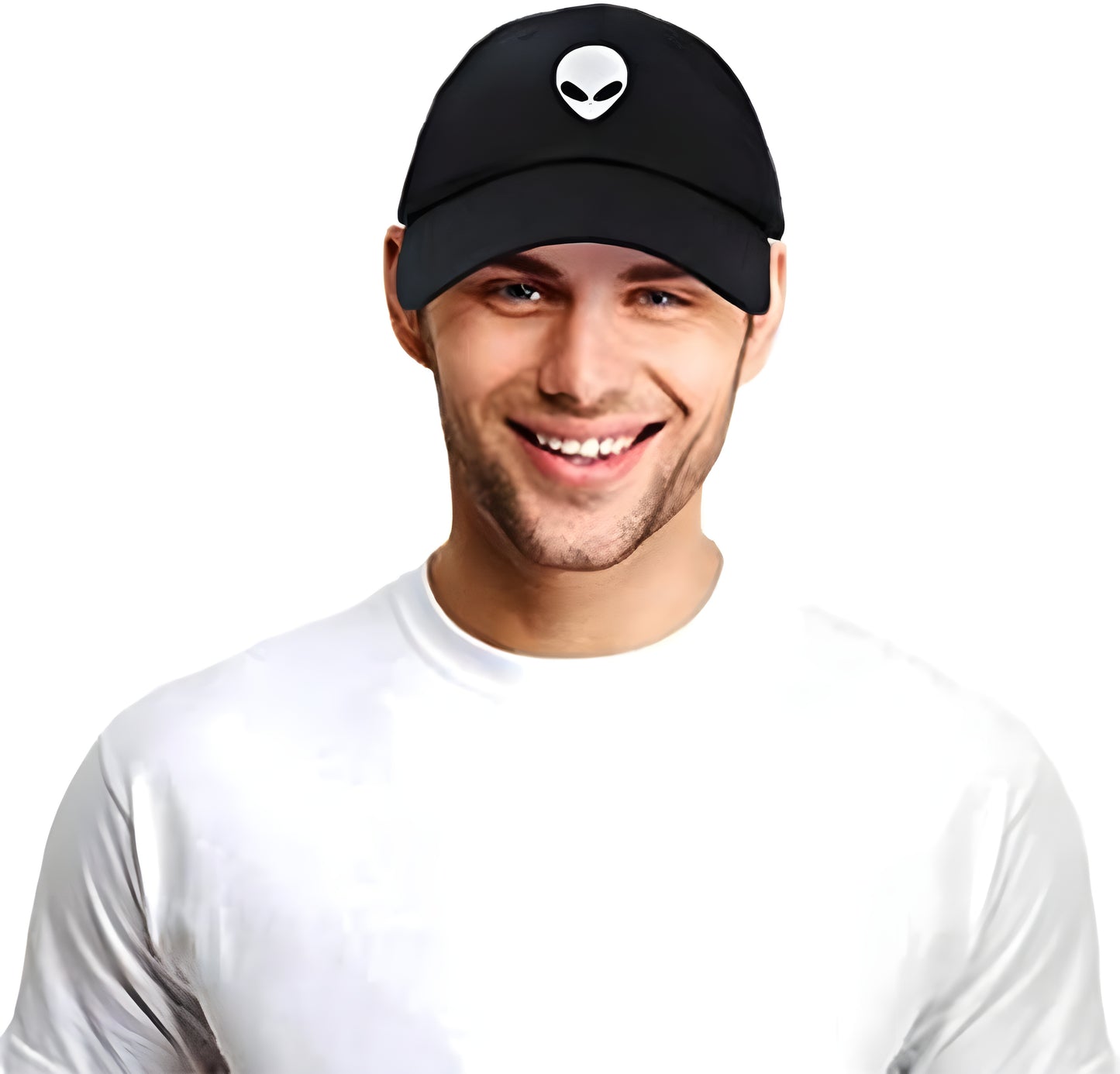 A model wearing a black snapback cap with an alien-themed design, shown from the front to emphasize the bold graphic and how the cap fits within the model’s overall look.