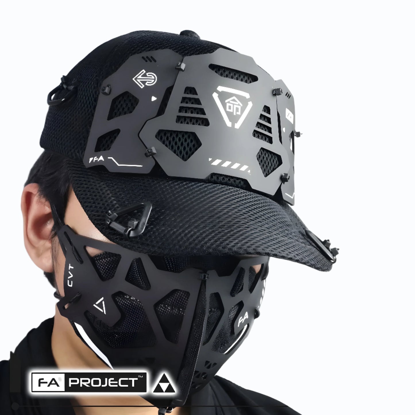 A model wearing an armored cap, shown from the front to highlight the cap's protective design and its integration into the model’s outfit.
