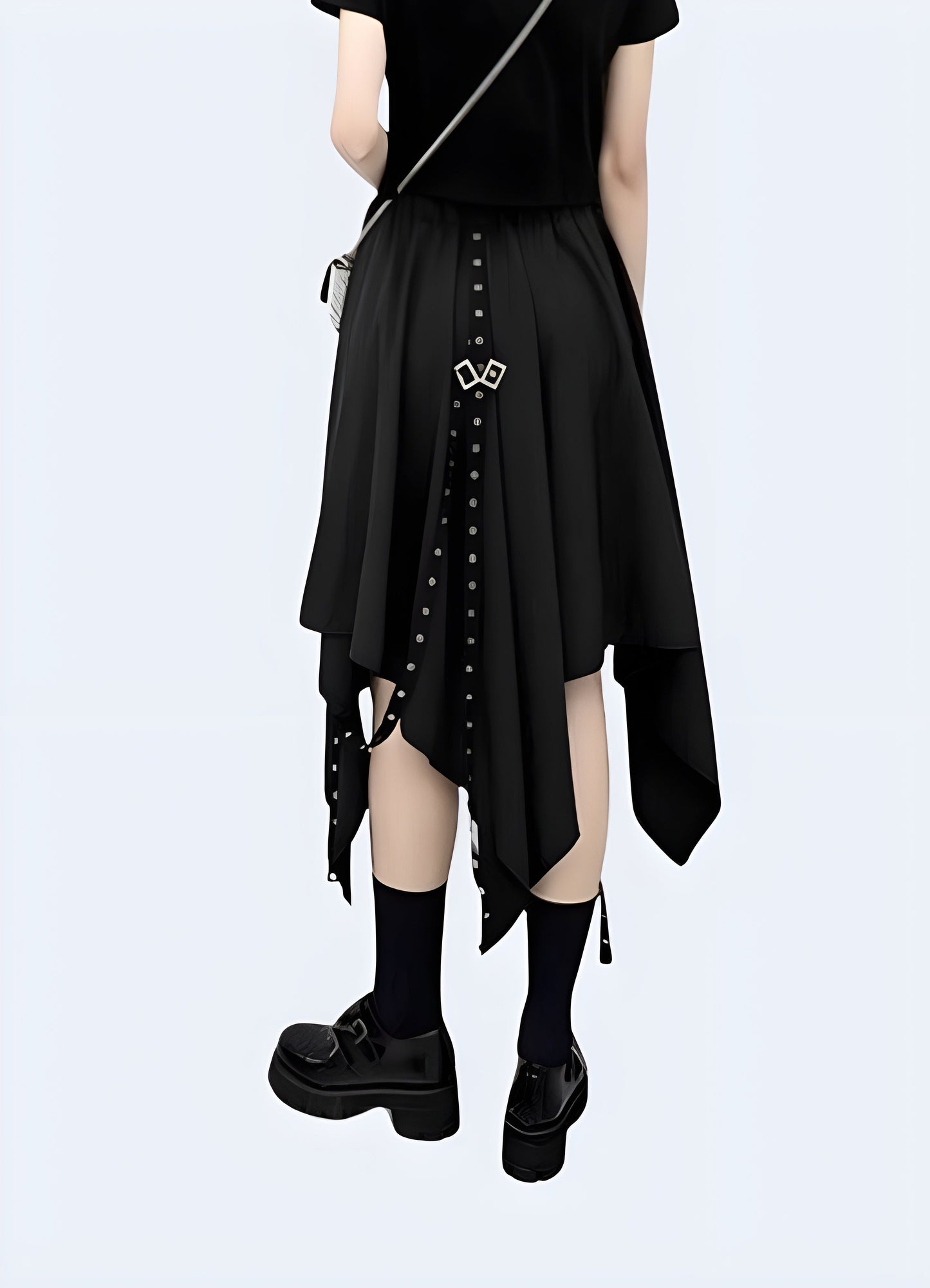 A back side view of a revolutionary, Canada-made asymmetrical techwear skirt, displaying the garment's distinctive design, advanced materials, and commitment to pushing fashion boundaries.