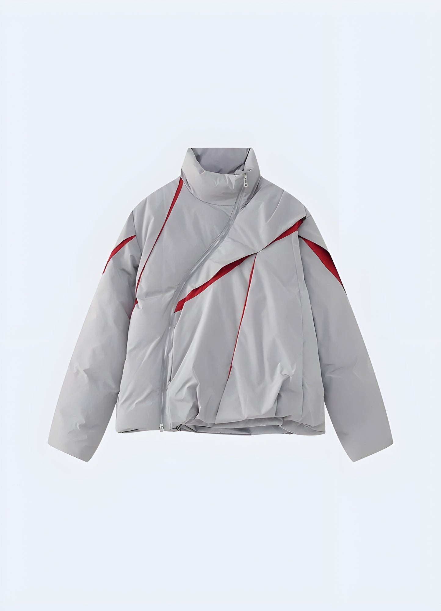 Close-up front view of a grey asymmetrical zip layered puffer jacket, emphasizing its high-quality materials and attention to detail for Canada customers.