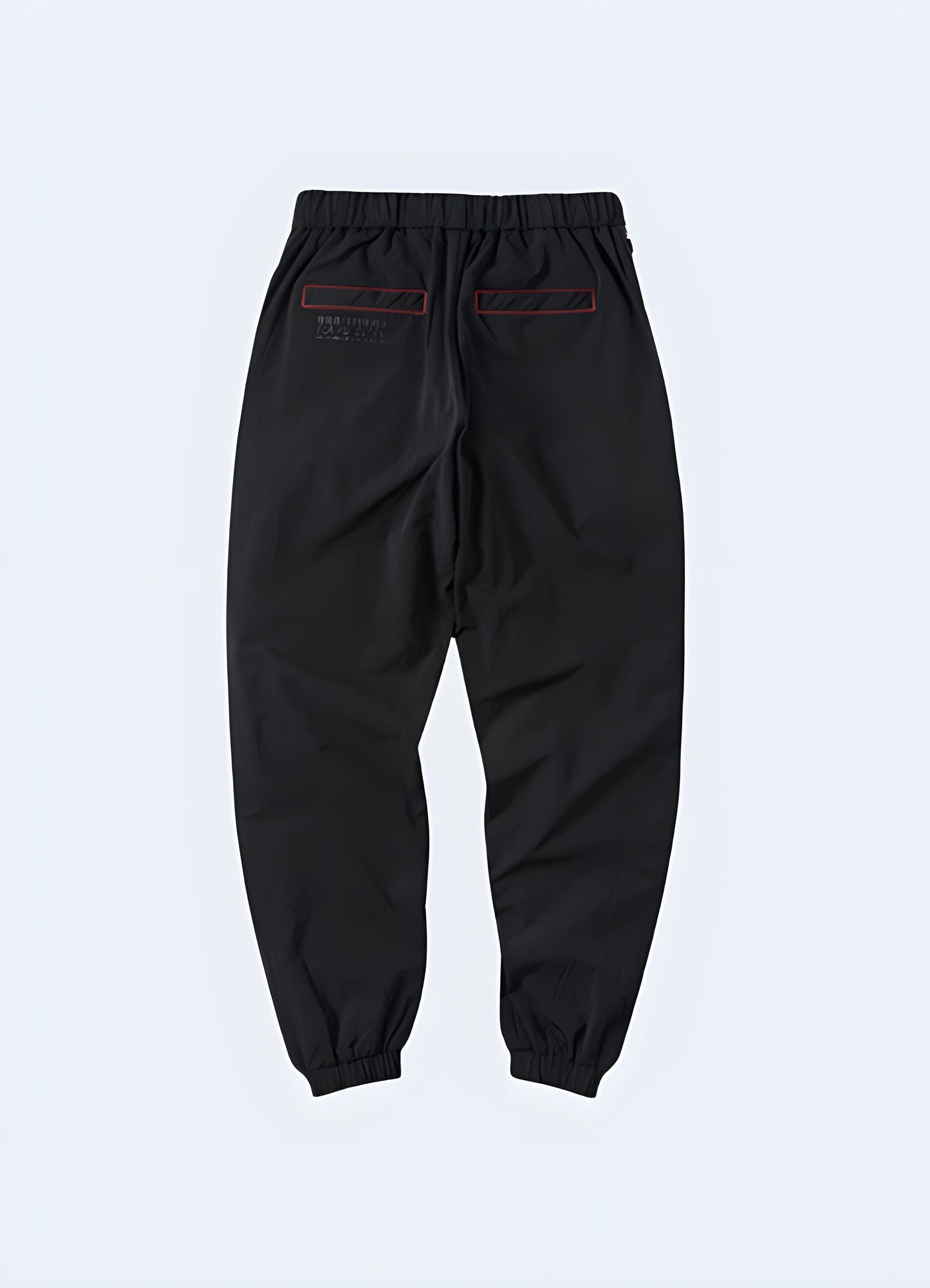 Black avant-garde cargo pants with distinctive design elements, showcased from the back side view, perfect for fashion-forward men in the Canada.