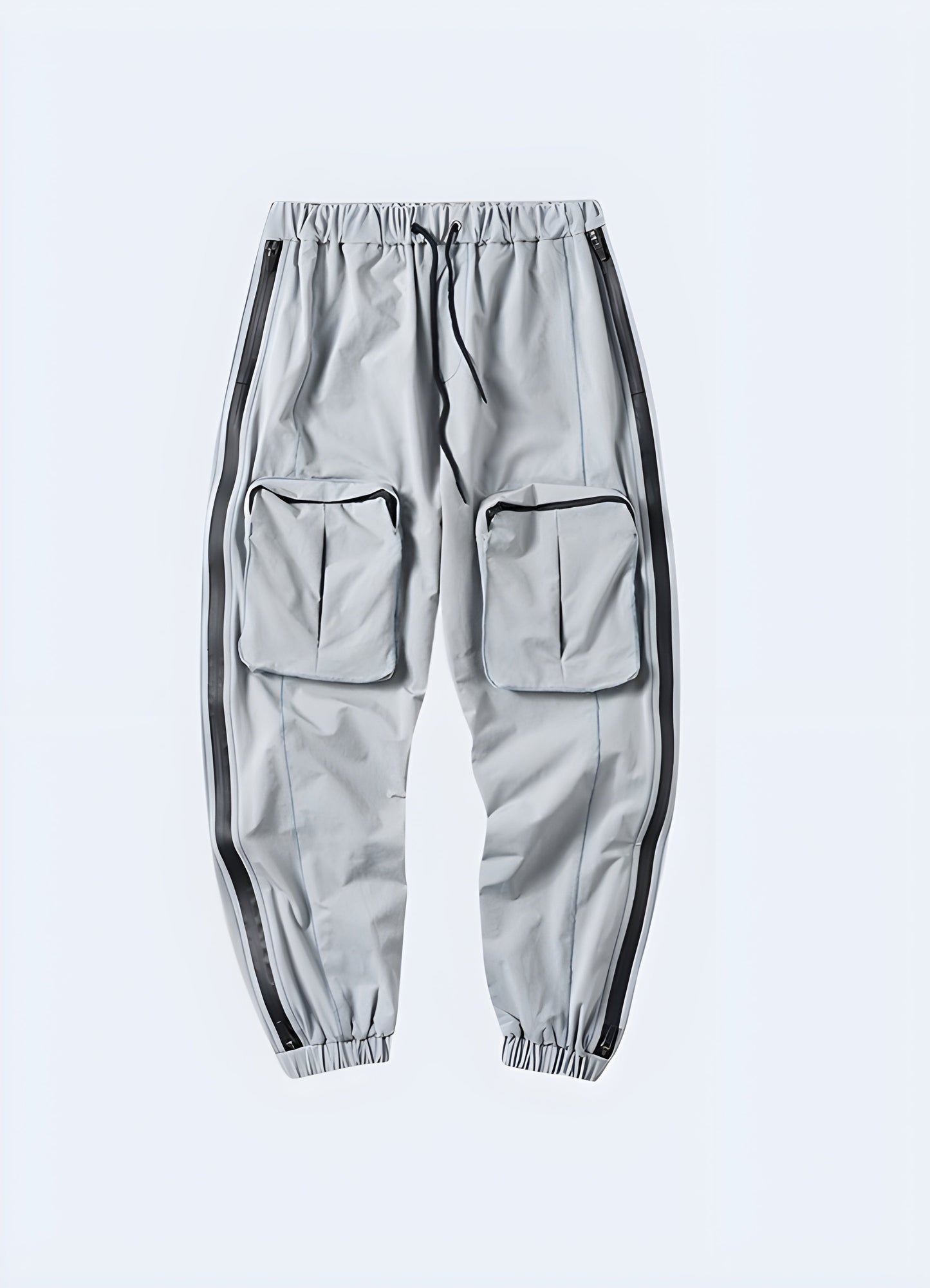 Front and side view of gray avant-garde cargo pants featuring a futuristic aesthetic, oversized pockets, and advanced materials, perfect for avant-garde fashion lovers in Canada.