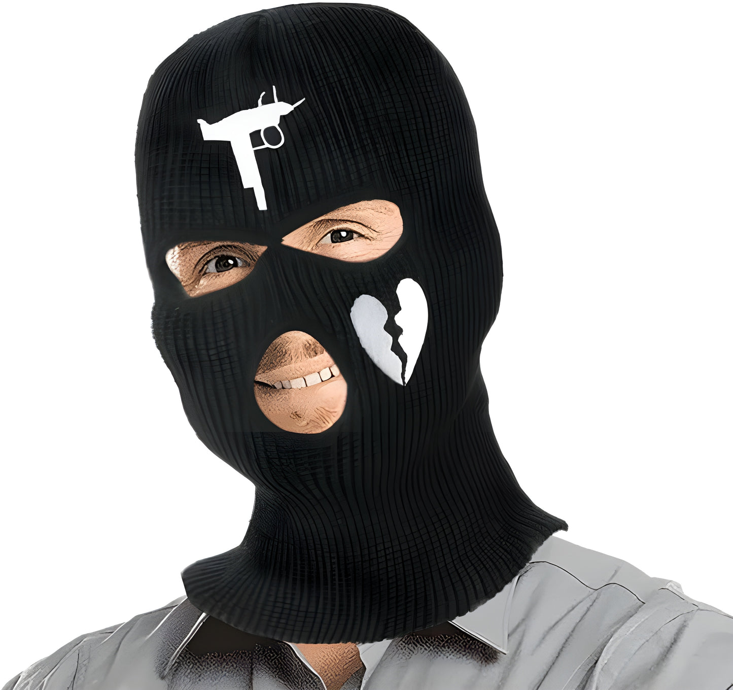 A model wearing a black balaclava with an Uzi design on the front, showcasing the mask's fit and detailed pattern, viewed from the front.
