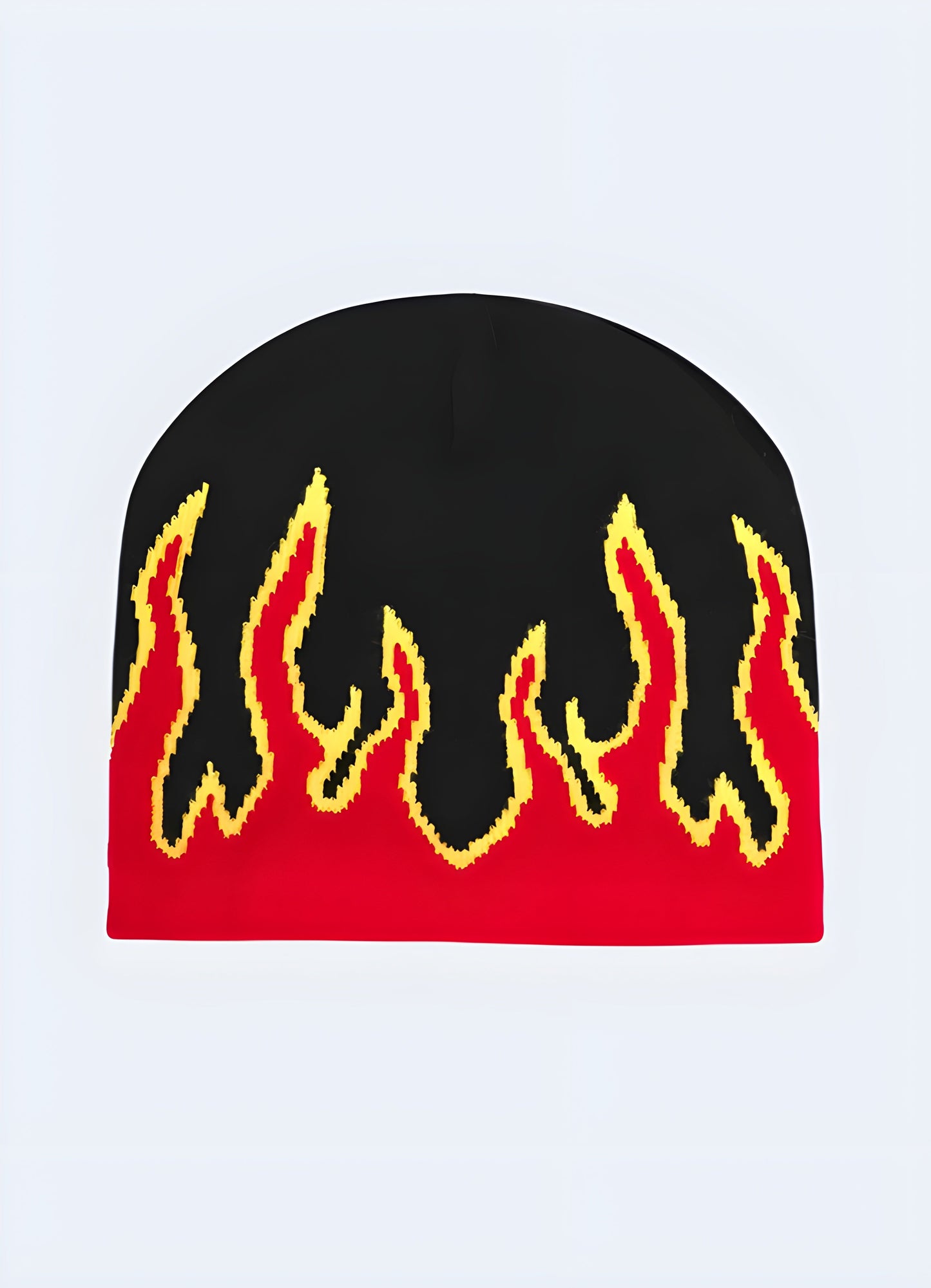Front view of a blue beanie with flames, featuring bold flame graphics along the brim, available in Canada.