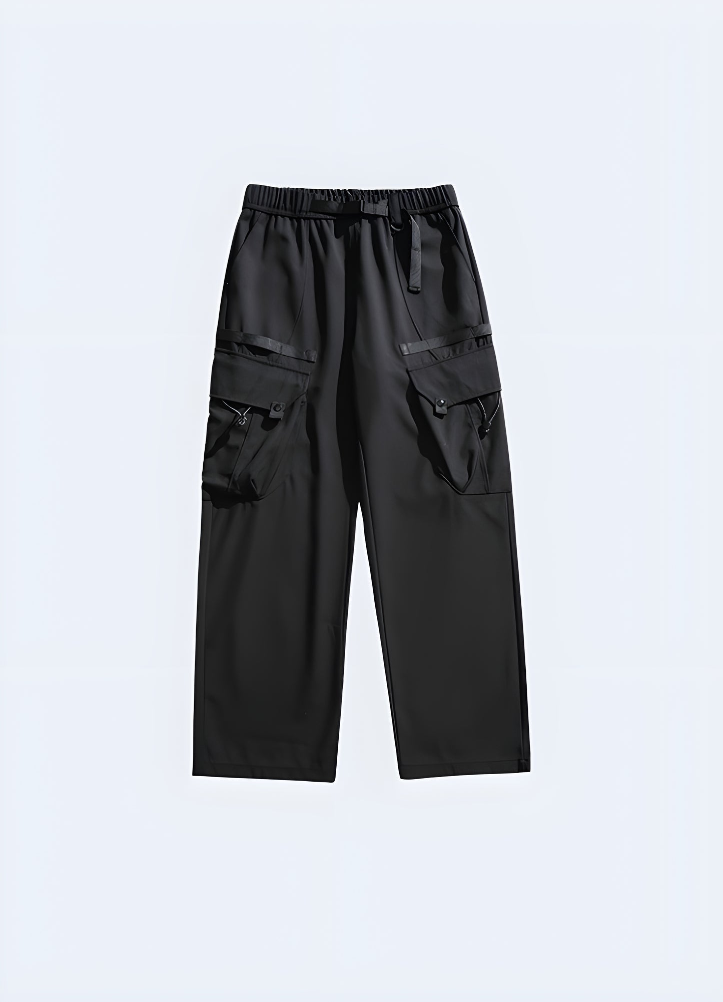 Front view of trendy black baggy joggers showcasing a loose, tapered silhouette and soft fabric, ideal for everyday comfort and style in Canada.