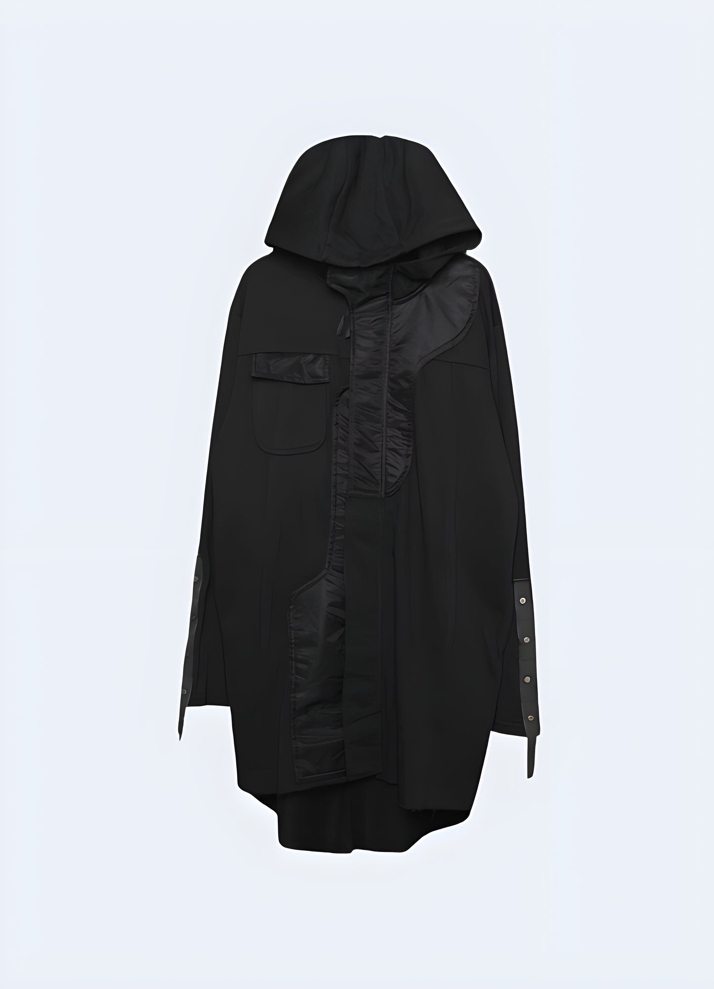 Front view of a cutting-edge black futuristic overcoat, showcasing its unique design and functionality, perfect for Canadian urban landscapes