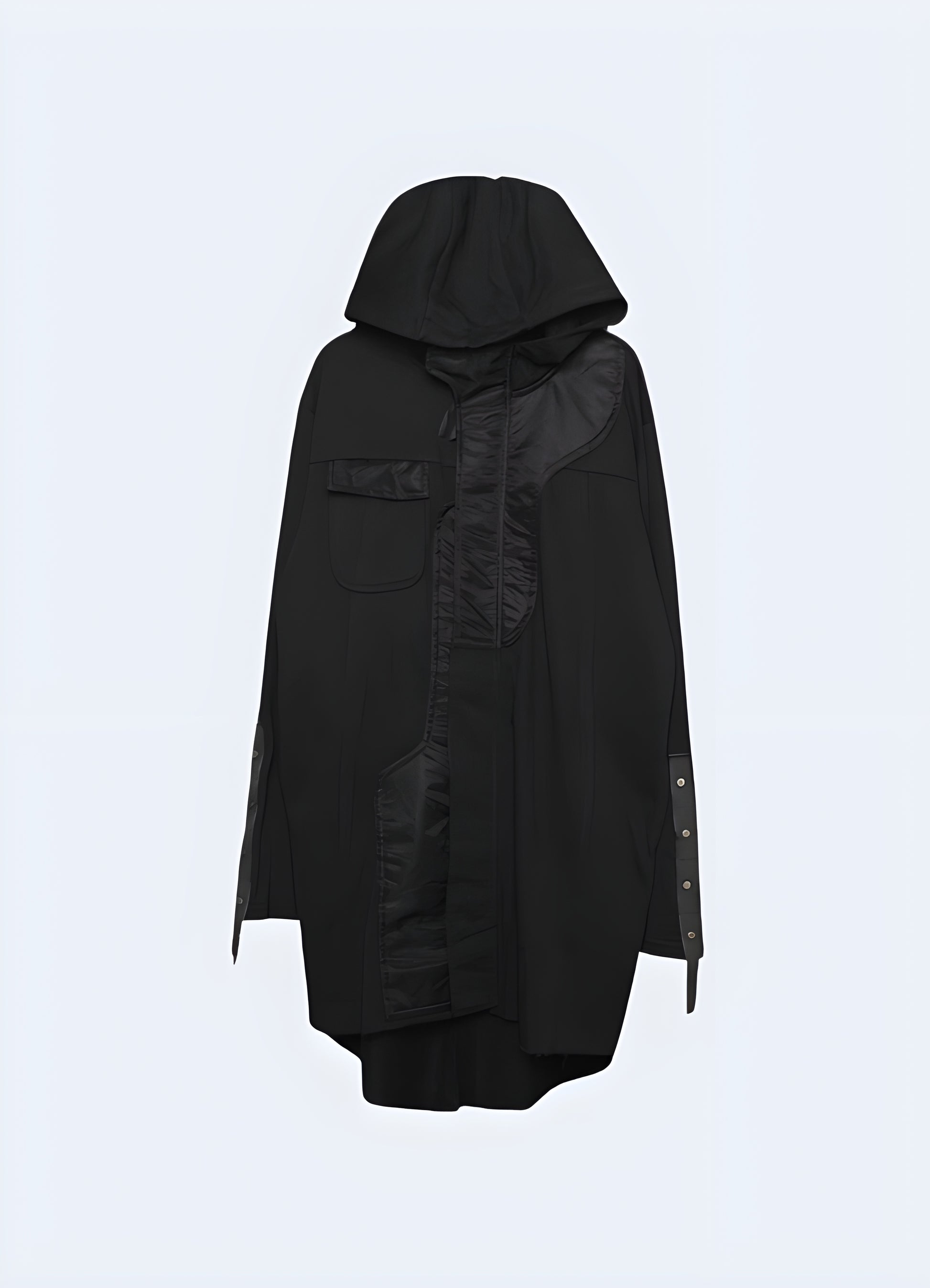 Front view of a cutting-edge black futuristic overcoat, showcasing its unique design and functionality, perfect for Canadian urban landscapes