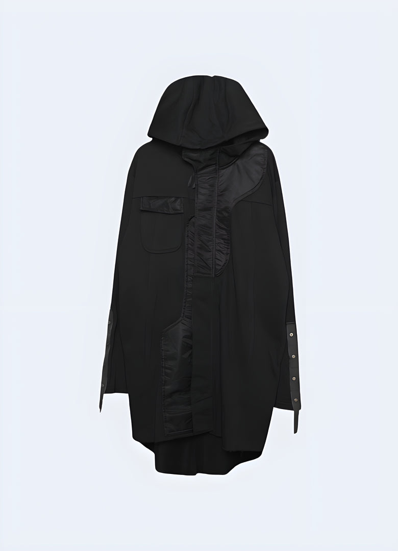 Front view of a cutting-edge black futuristic overcoat, showcasing its unique design and functionality, perfect for Canadian urban landscapes
