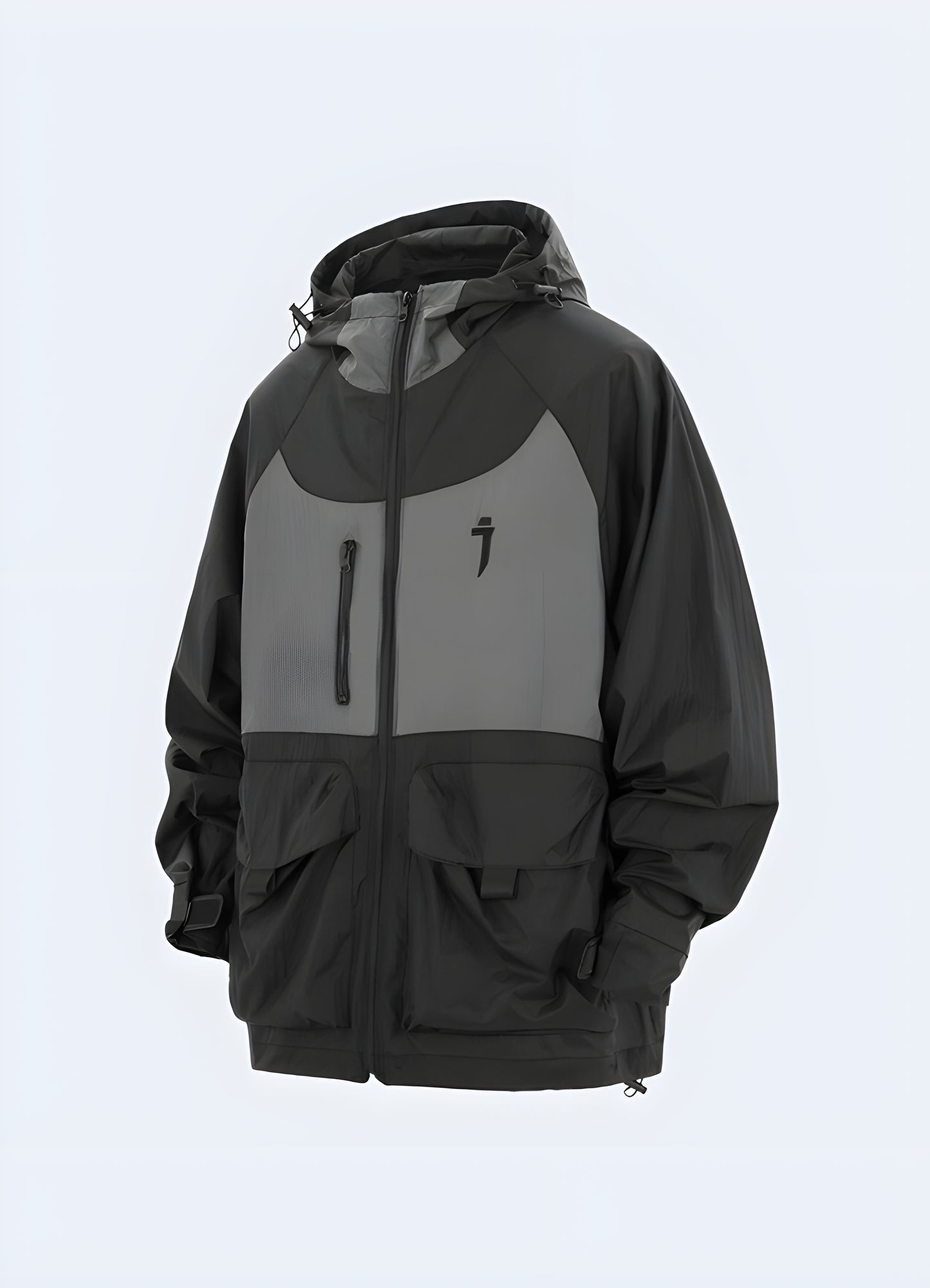 Stylish black gorpcore rain jacket, front view, featuring a functional and waterproof design for Canadian adventures.