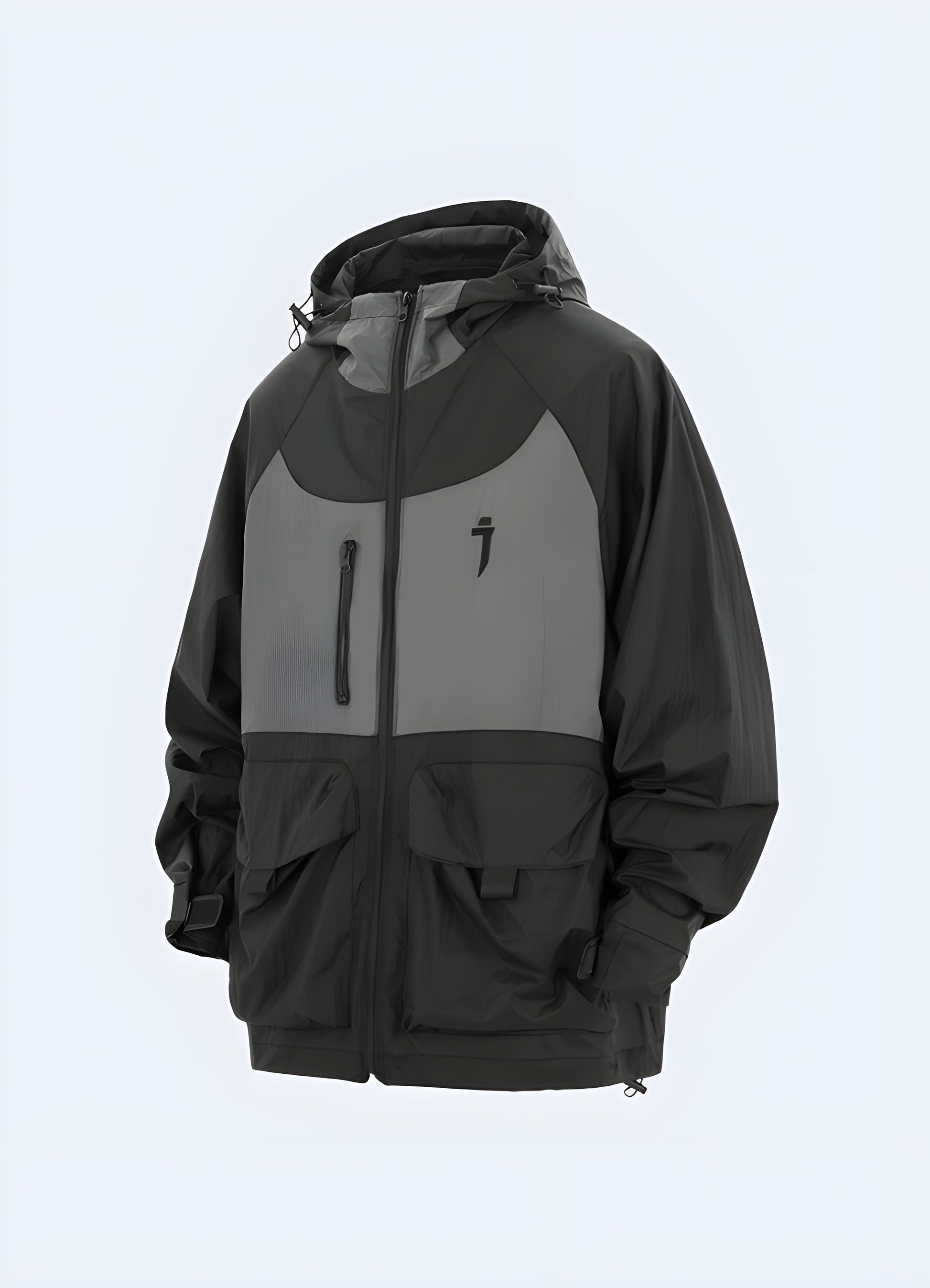 Stylish black gorpcore rain jacket, front view, featuring a functional and waterproof design for Canadian adventures.