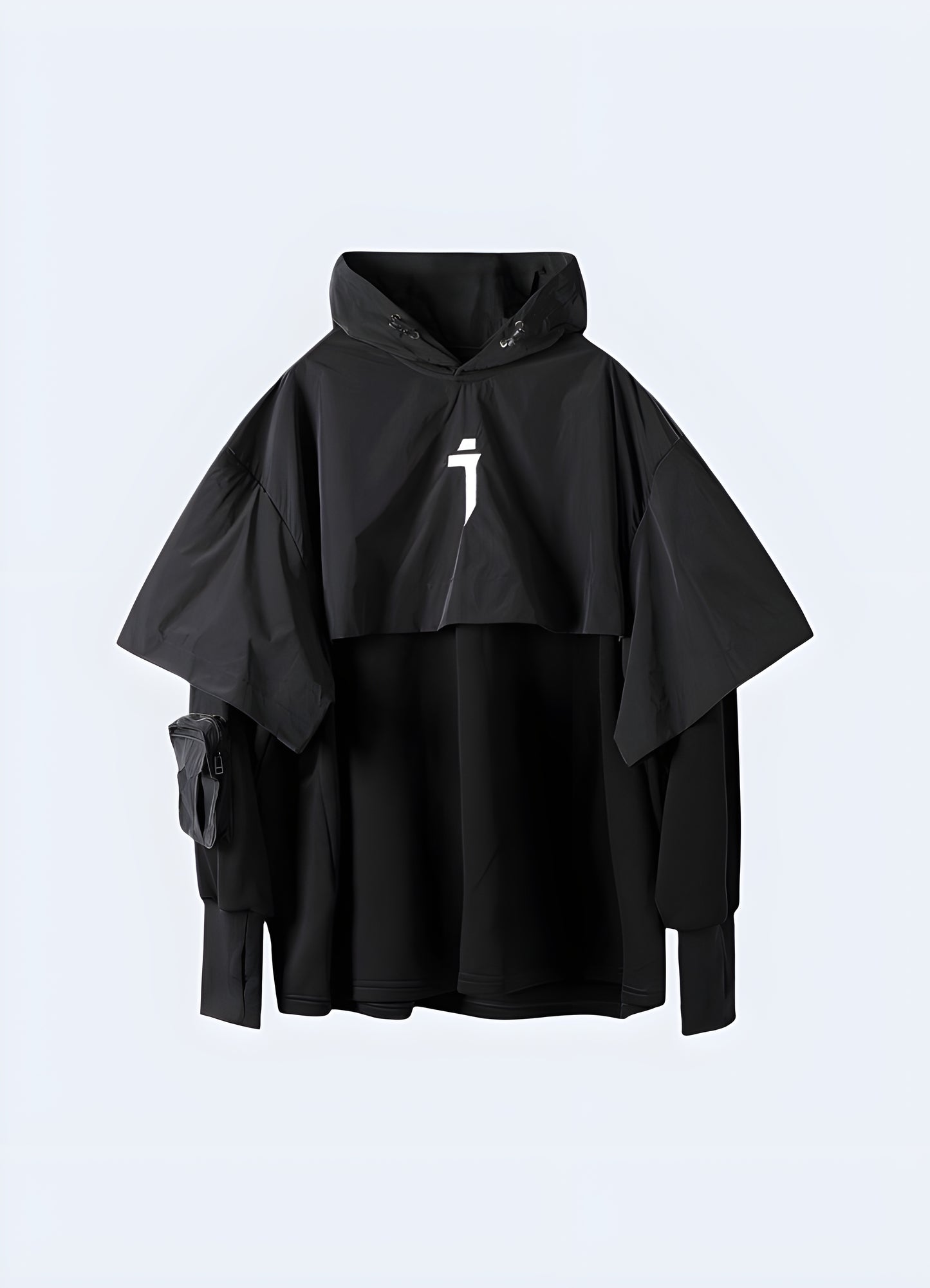 Black hoodie featuring a layered crop jacket, front view, designed for fashionable urban exploration in Canadian cities.