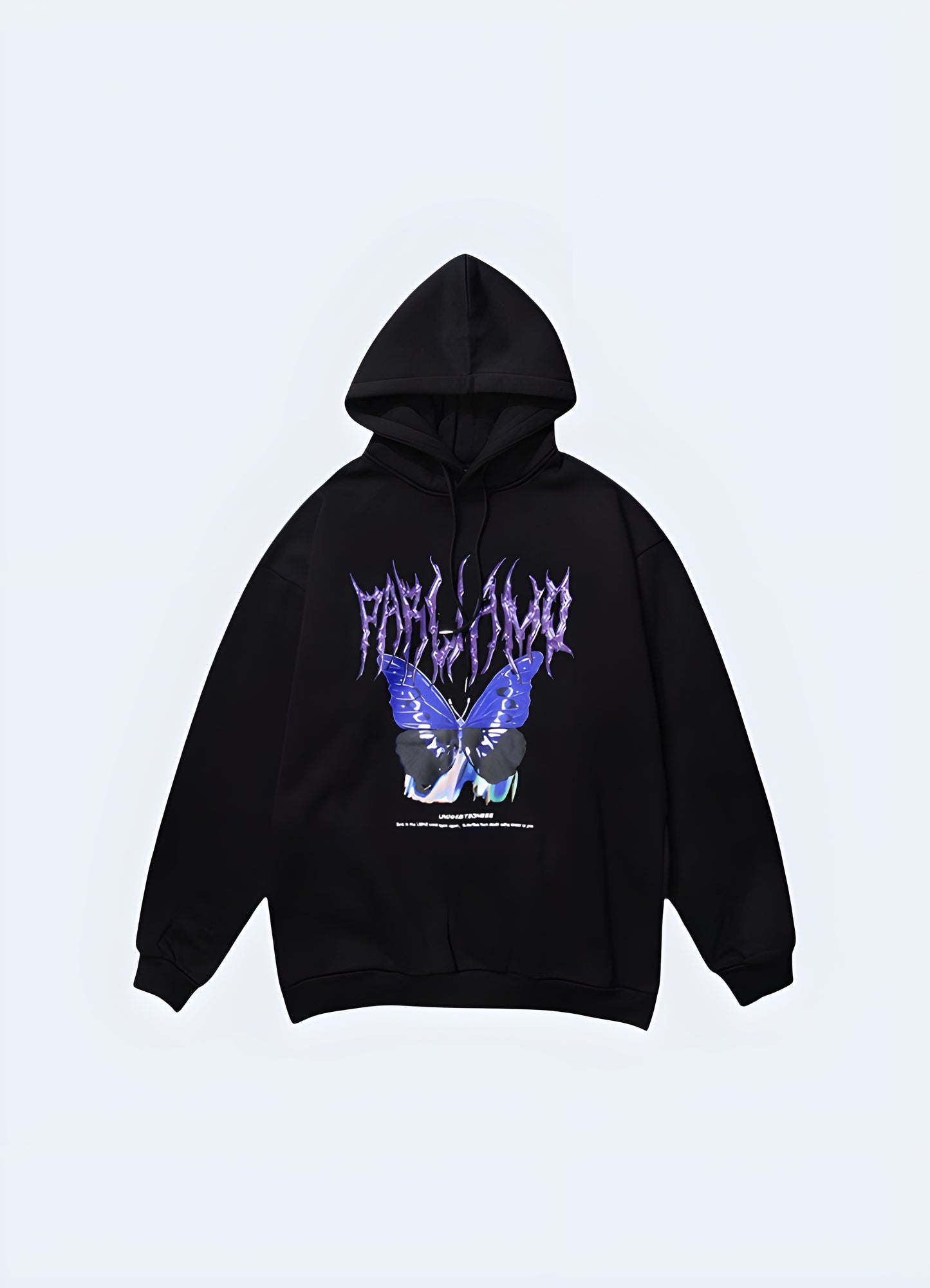 Front view of a trendy black hoodie butterfly in Canada, showcasing its intricate butterfly graphic print that adds a delicate and feminine touch to this comfortable and versatile wardrobe staple.