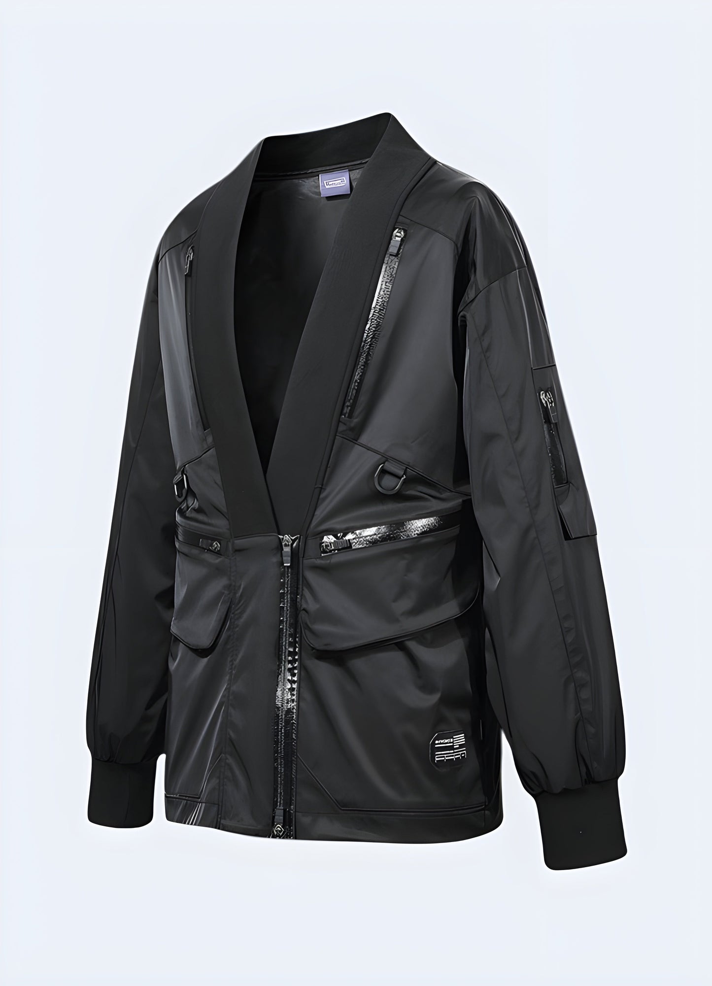 Front view of a model donning a sleek and elegant black kimono robe, featuring a classic design and premium materials that exude refinement and indulgence for the discerning loungewear enthusiast Canada.