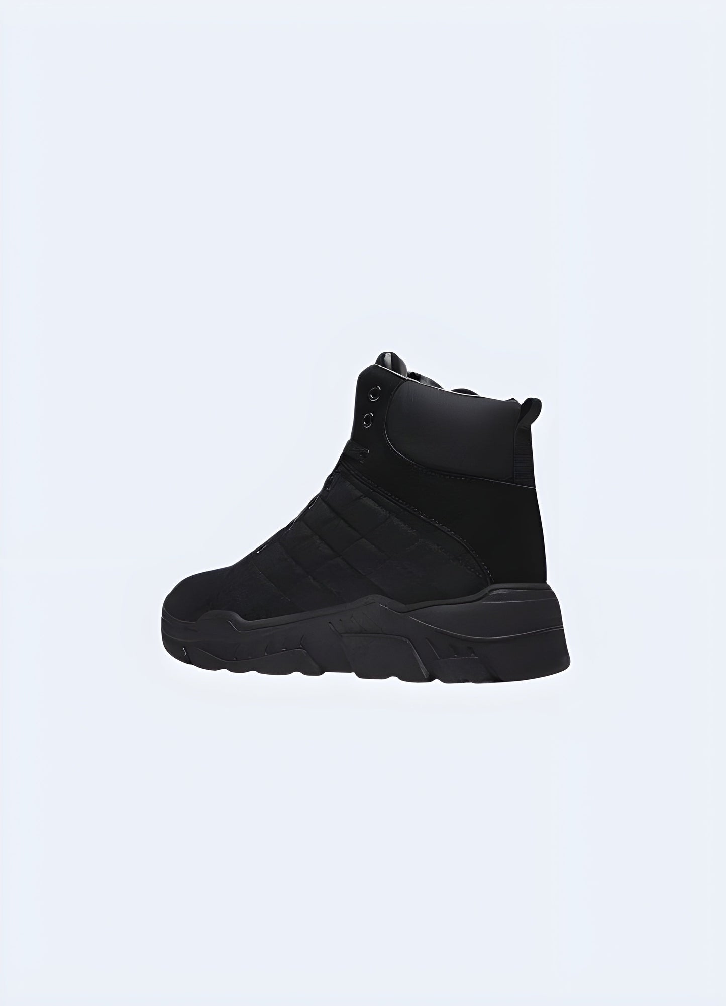 Side and back view of black techwear shoes with padded details, combining style and functionality for Canada consumers seeking cutting-edge footwear.