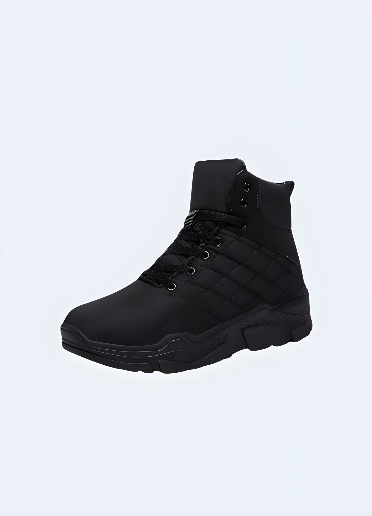 Front and side view of black techwear shoes showcasing their padded construction and modern design, ideal for Canada streetwear and functional fashion.