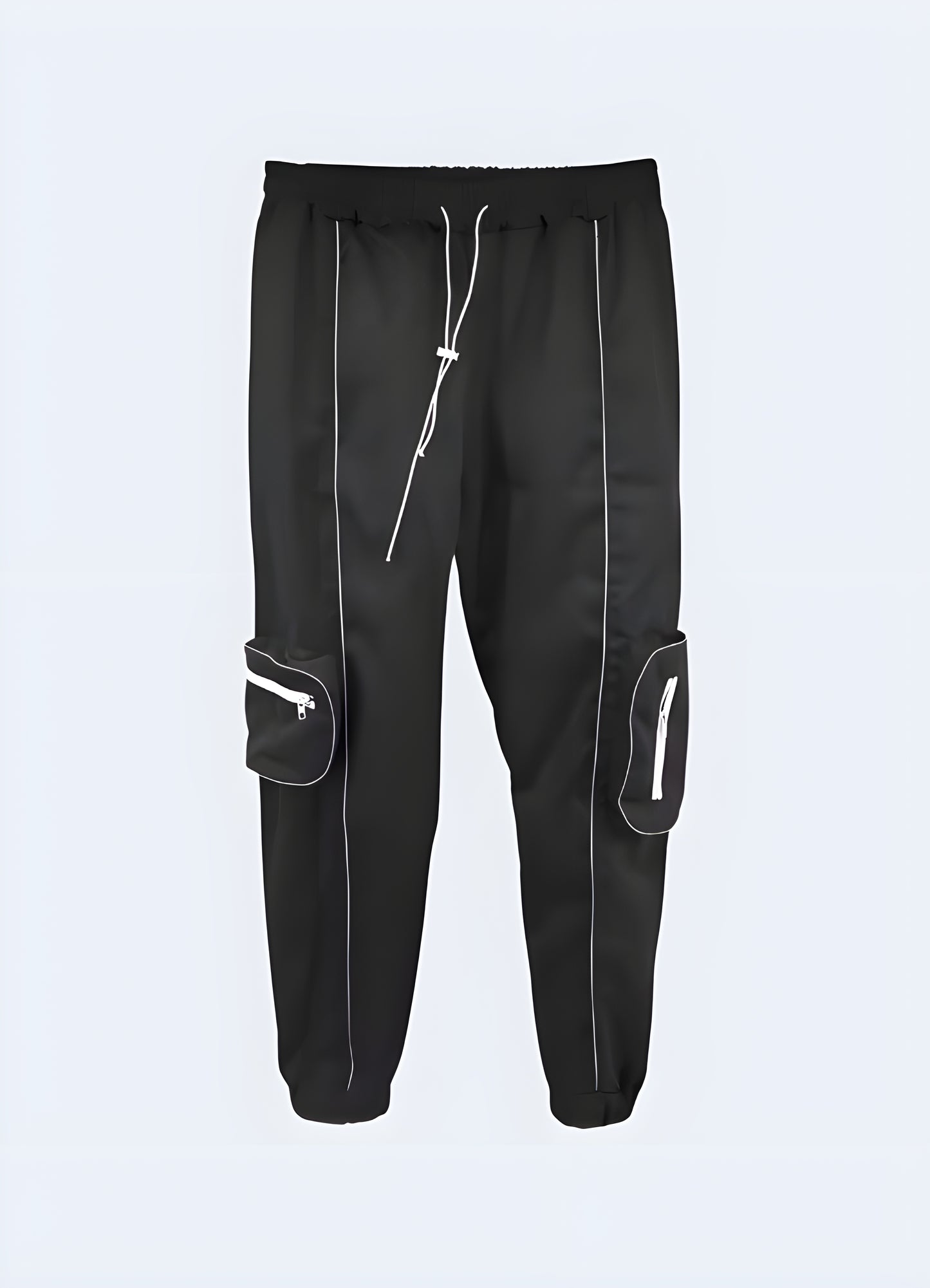 Black reflective cargo pants – Front view | Men's techwear streetwear trousers with reflective details for urban and cyberpunk fashion – Canada