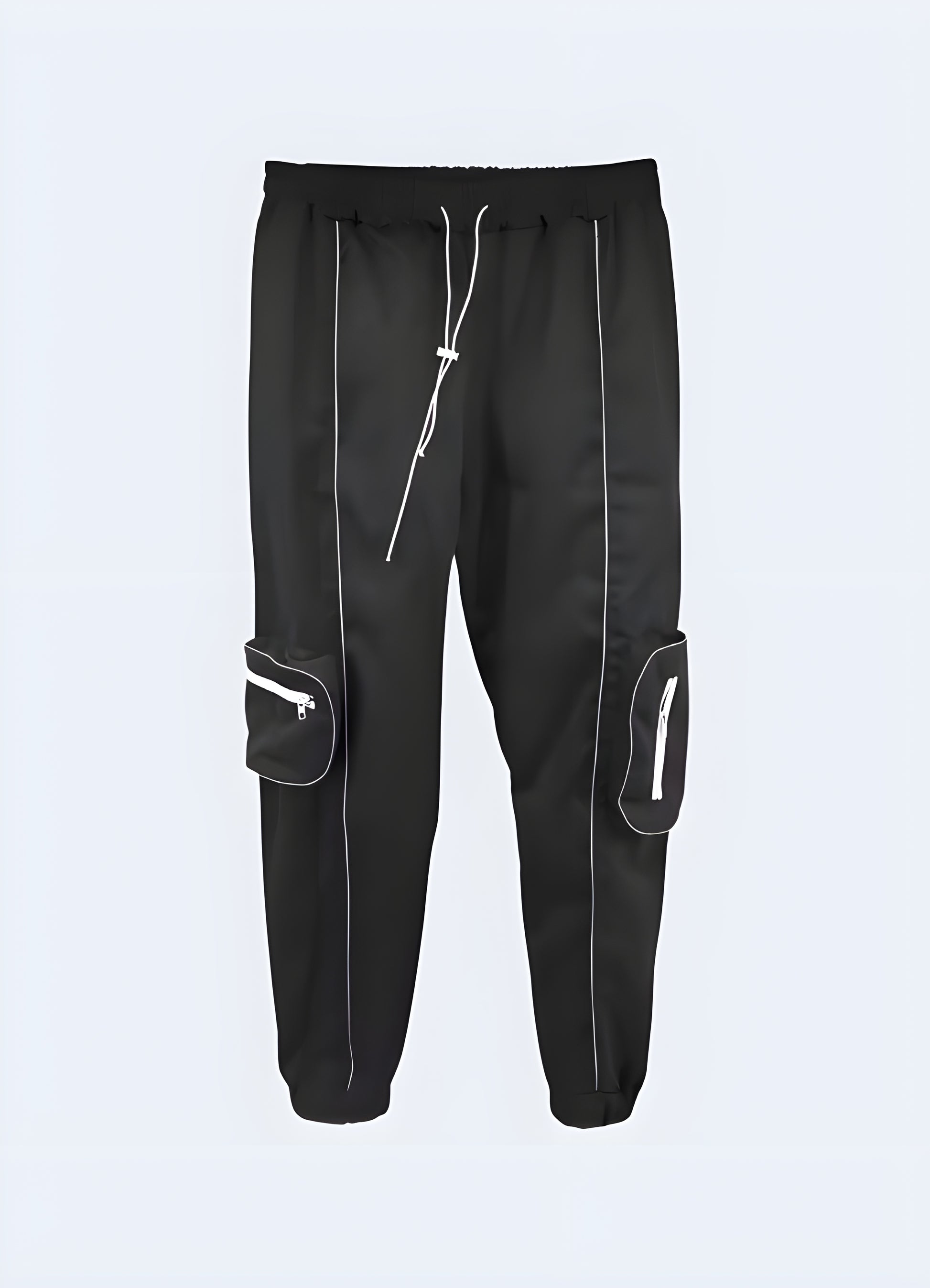 Black reflective cargo pants – Front view | Men's techwear streetwear trousers with reflective details for urban and cyberpunk fashion – Canada
