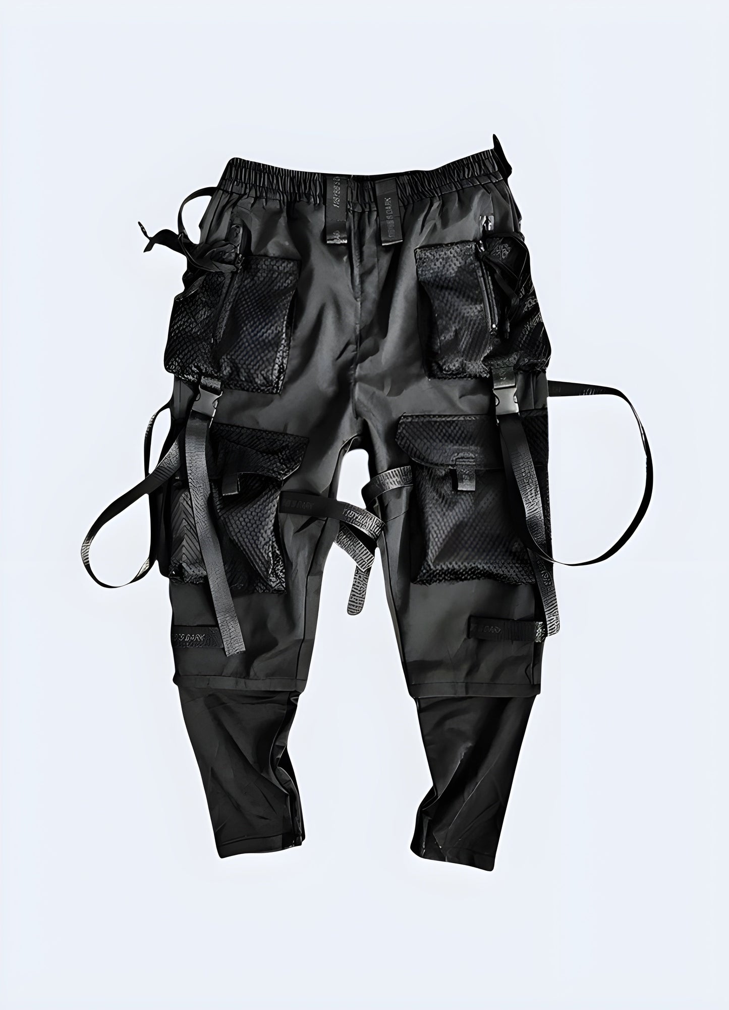 Front view of stylish black streetwear pants showcasing their sleek appearance and versatile style, ideal for fashion-forward individuals in Canada.