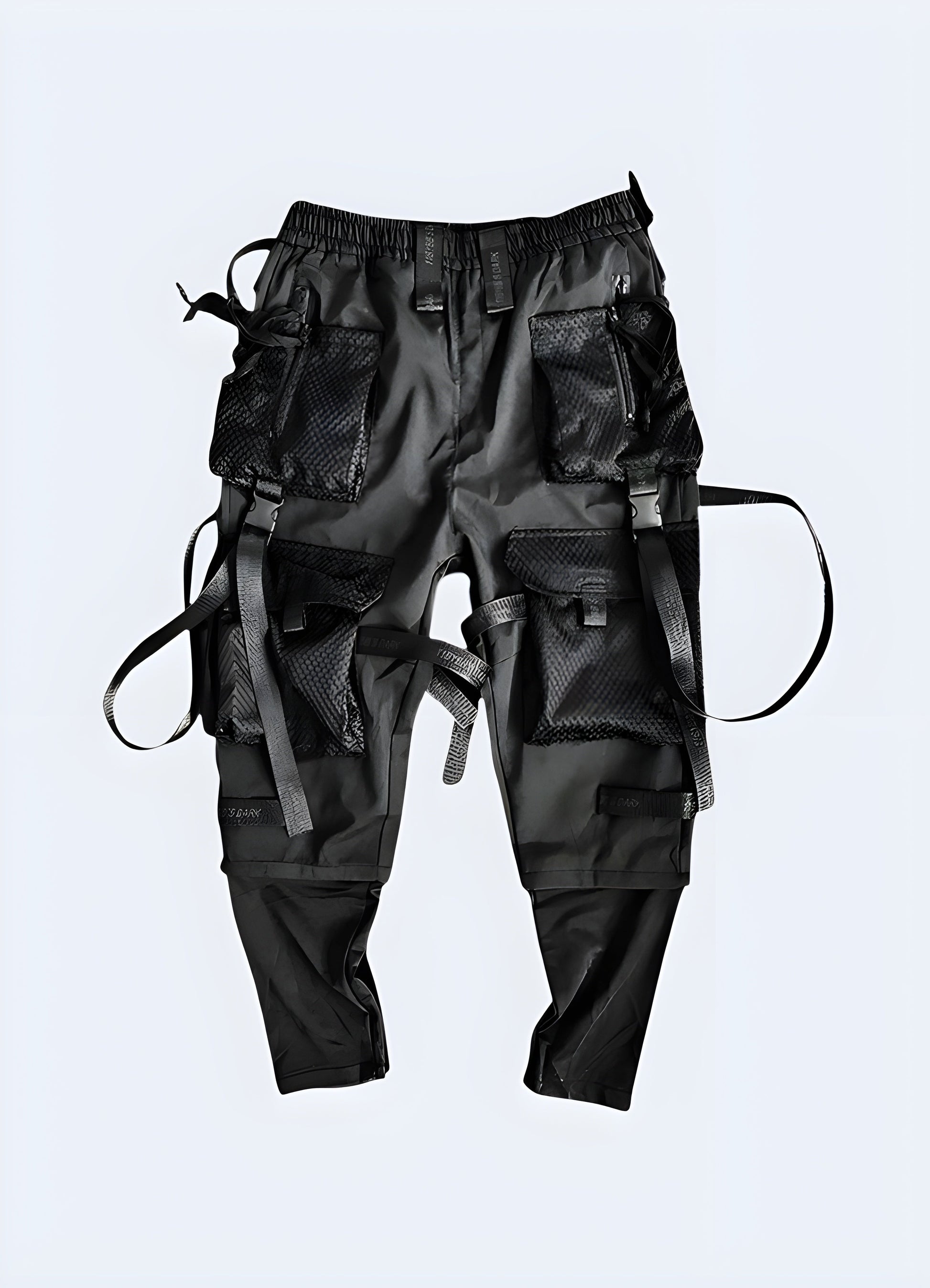 Front view of stylish black streetwear pants showcasing their sleek appearance and versatile style, ideal for fashion-forward individuals in Canada.