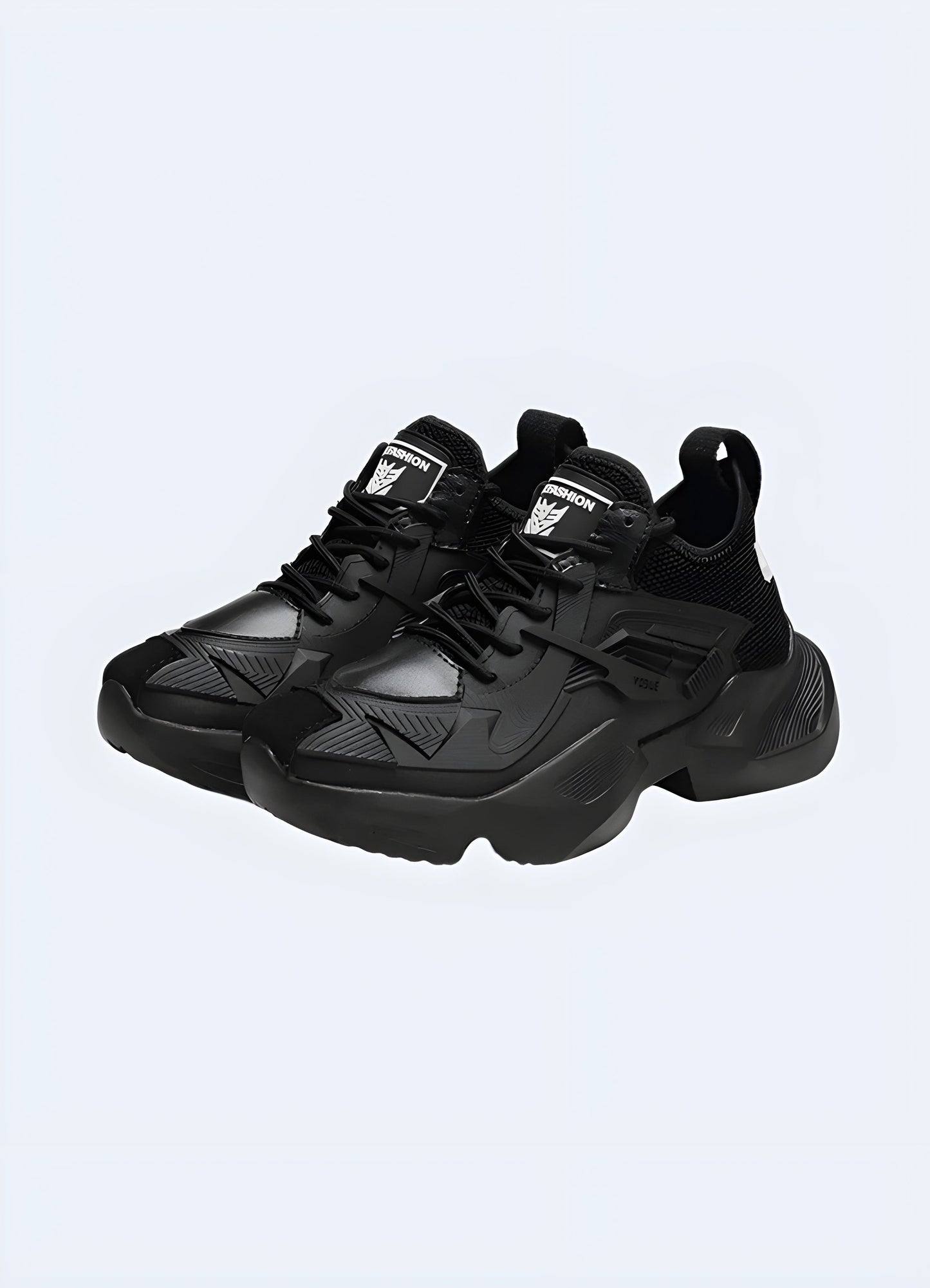 Front and side view of black streetwear sneakers showcasing their unique design and materials, ideal for fashion-conscious individuals in the Canada.
