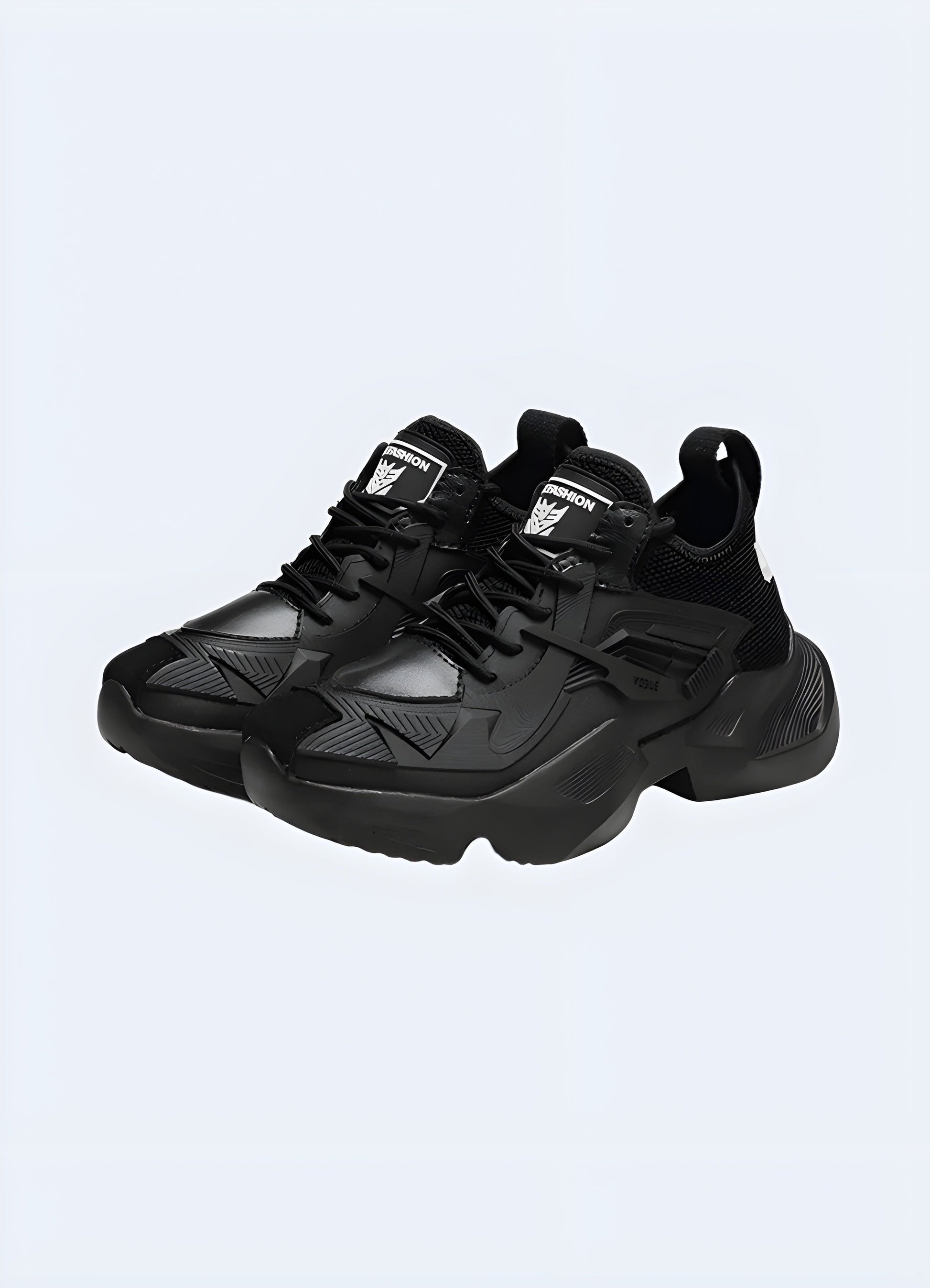 Front and side view of black streetwear sneakers showcasing their unique design and materials, ideal for fashion-conscious individuals in the Canada.