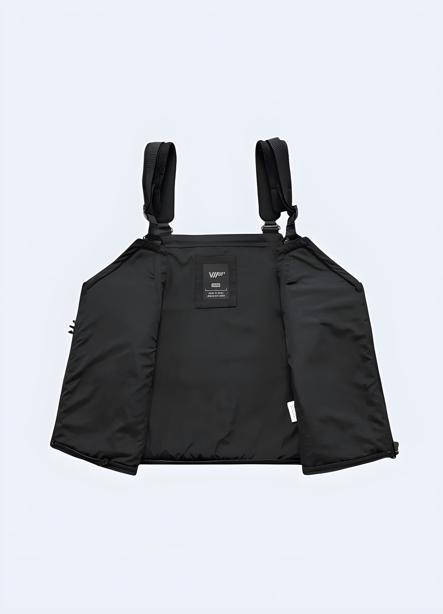 Open view of a black tactical vest featuring numerous storage compartments, adjustable straps, and a modern, streamlined design, ideal for style.