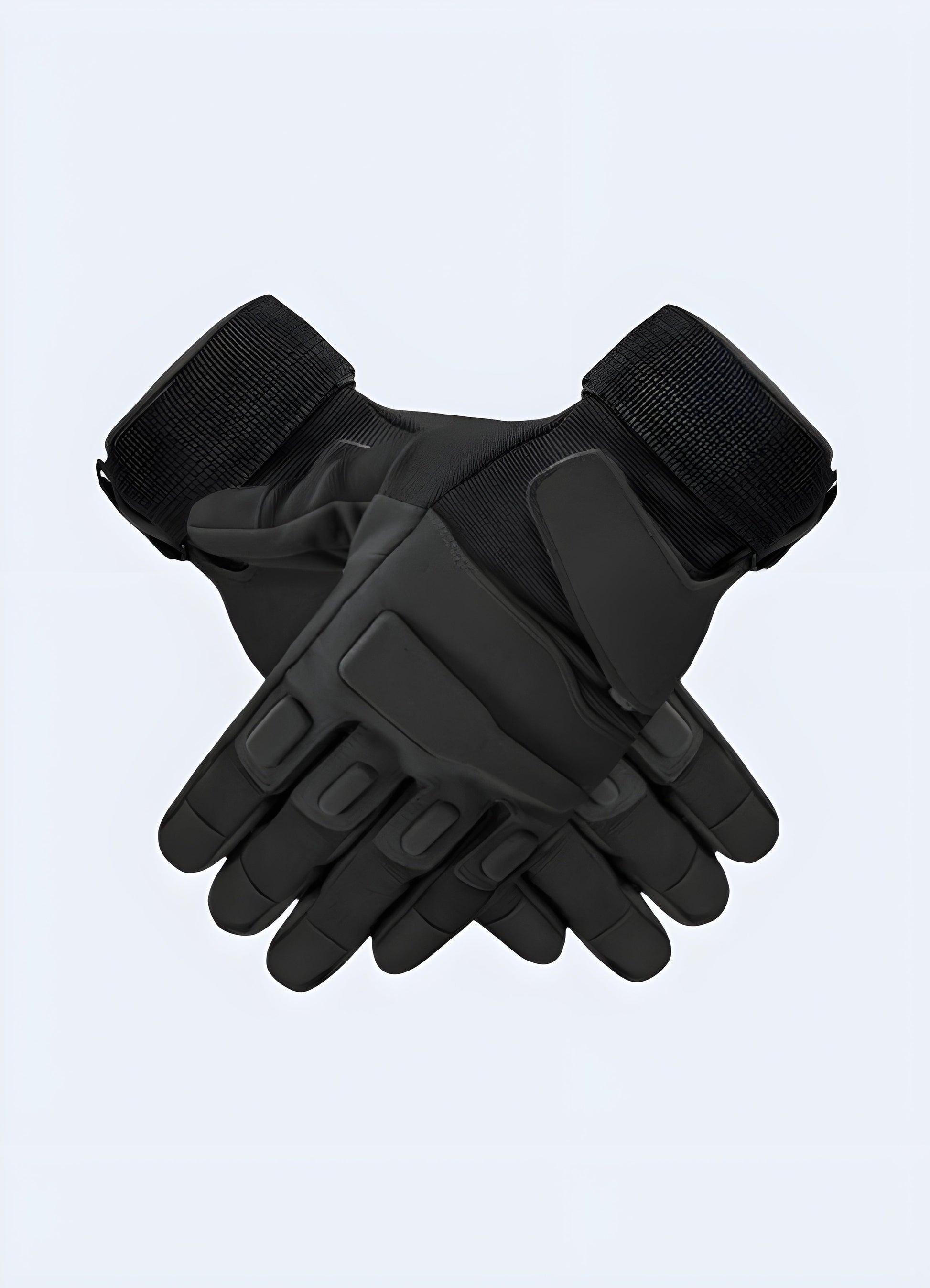 Black tactical gloves, side view, highlighting the adjustable wrist strap and durable stitching along the fingers Canada.