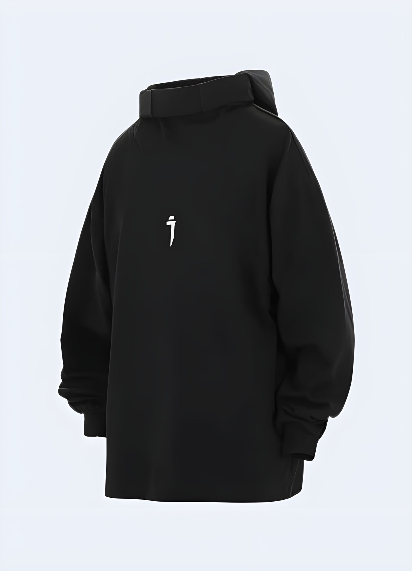 Black techwear hoodie, front view, modeled in Canada, highlighting its minimalist style and versatile appeal.