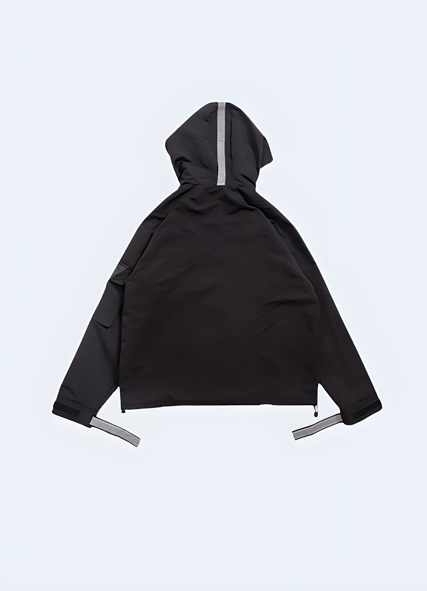 Back view of a cutting-edge black techwear jacket, showcasing its unique design elements and functional features, perfect for fashion-forward Canadians embracing the techwear aesthetic.