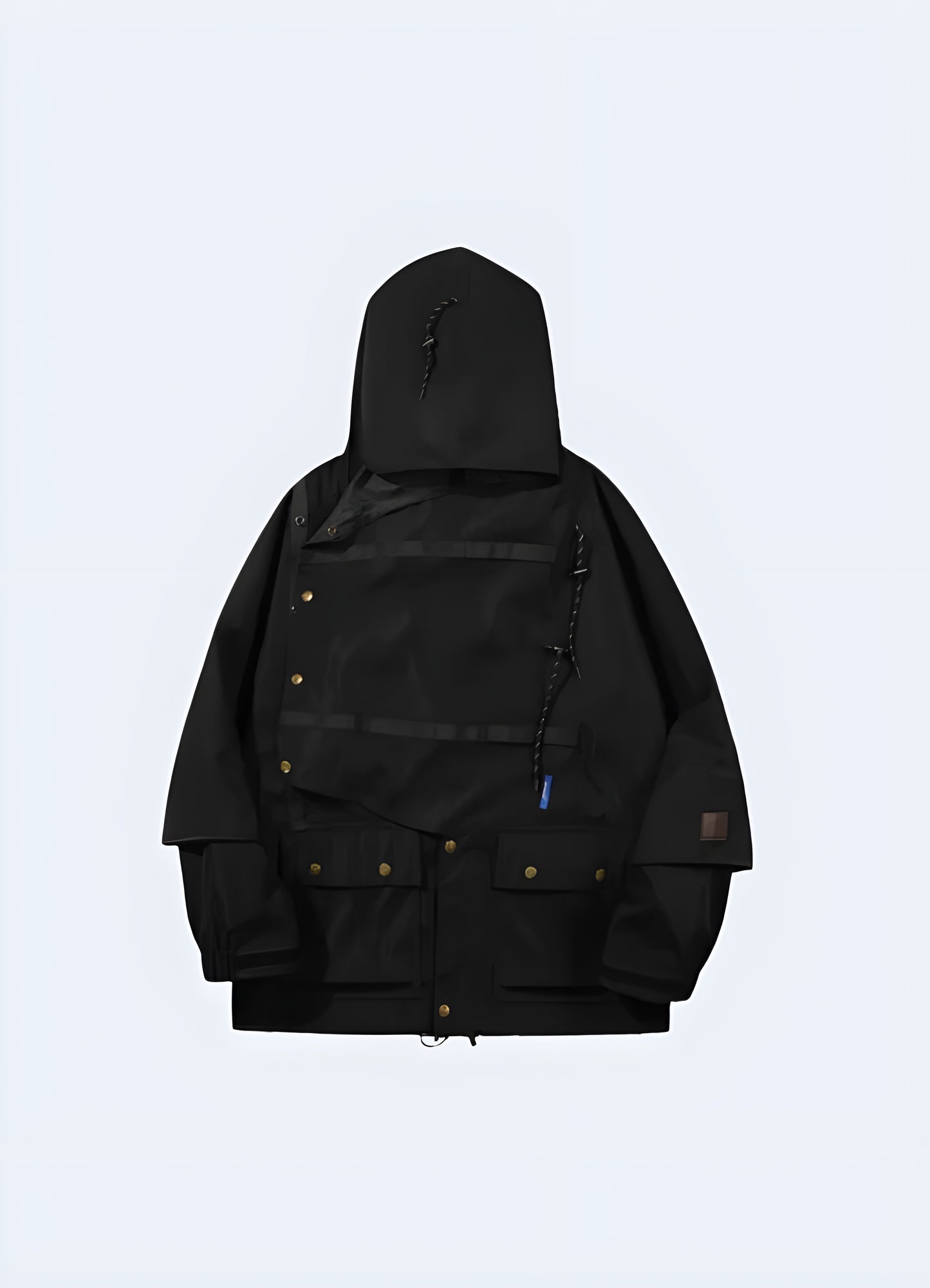 Front view of a techwear autumn jacket showcasing its modern design, multiple utility pockets, and durable construction, perfect for facing Canada's changing weather conditions while maintaining a fashion-forward appearance.