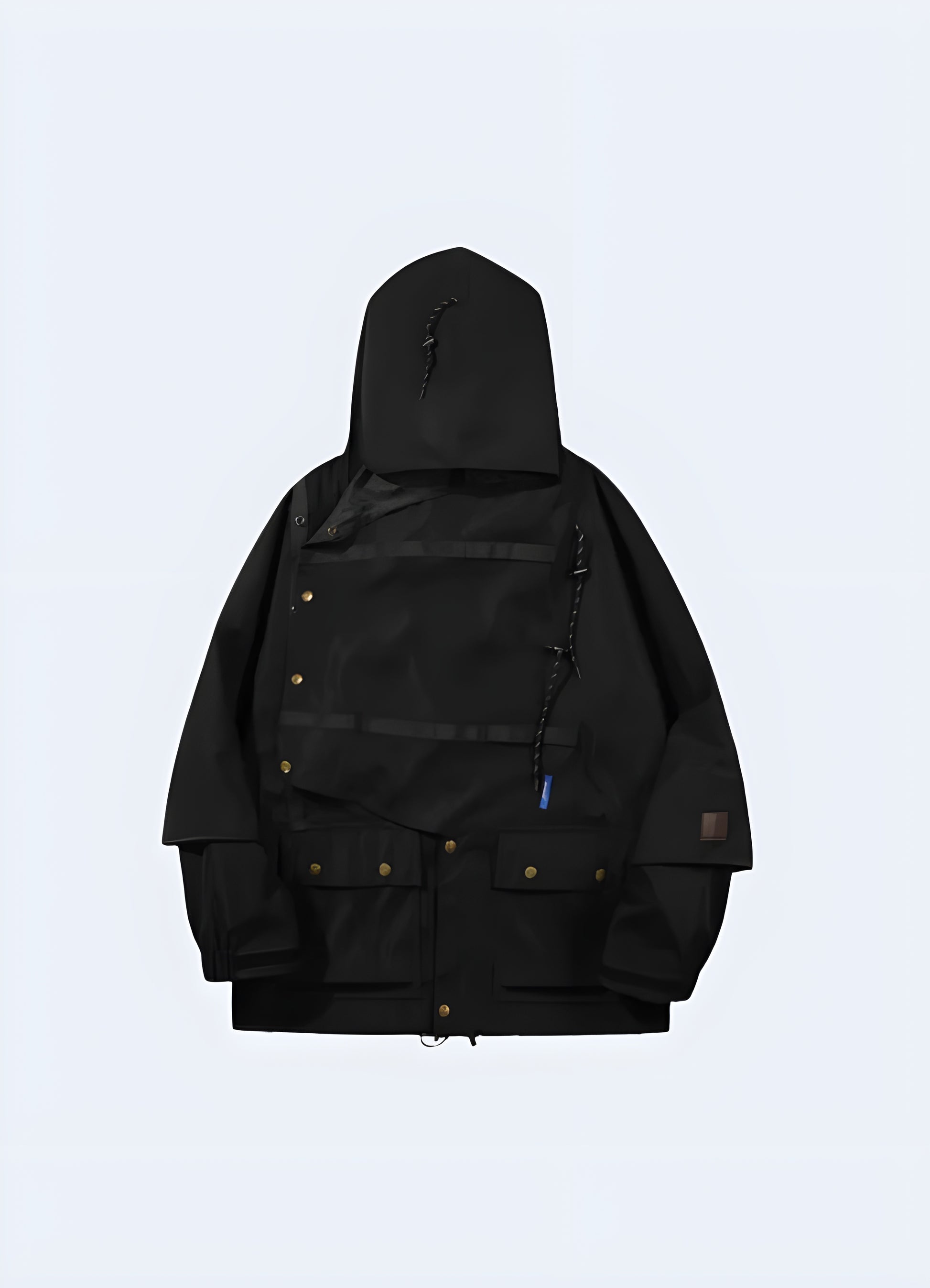 Front view of a techwear autumn jacket showcasing its modern design, multiple utility pockets, and durable construction, perfect for facing Canada's changing weather conditions while maintaining a fashion-forward appearance.