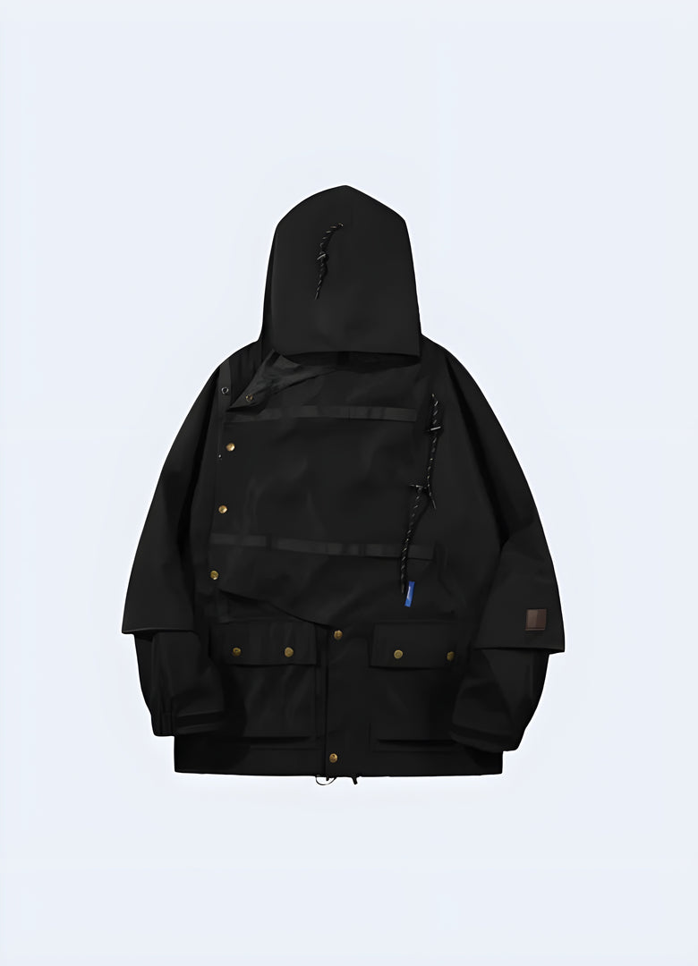 Front view of a techwear autumn jacket showcasing its modern design, multiple utility pockets, and durable construction, perfect for facing Canada's changing weather conditions while maintaining a fashion-forward appearance.