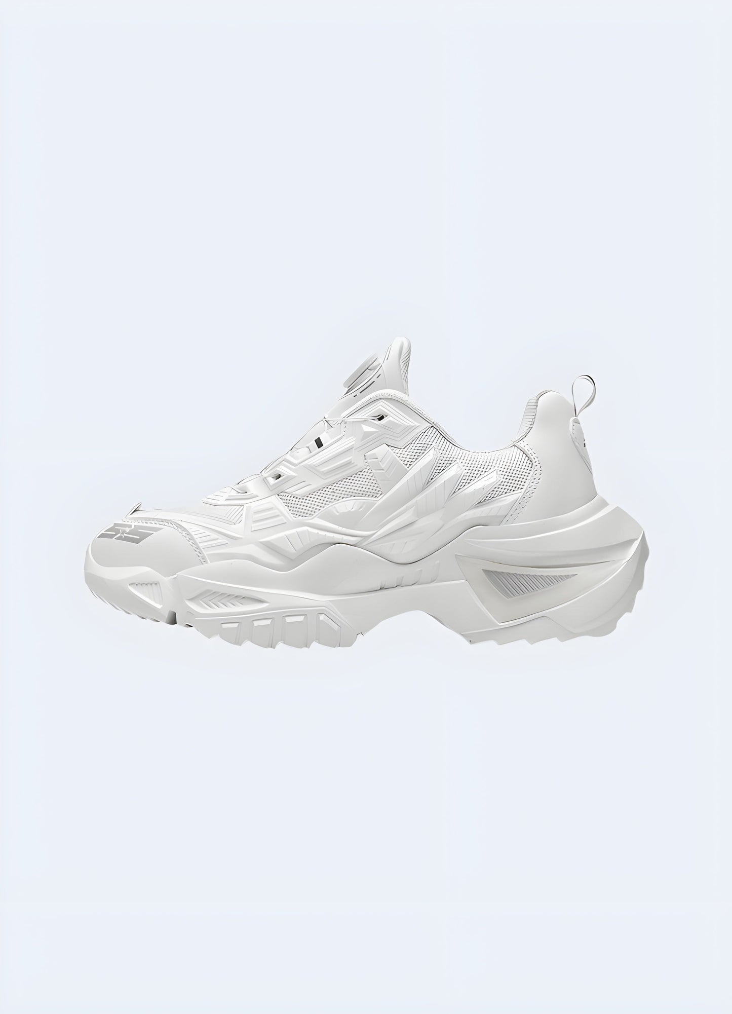Monochromatic black and white techwear sneakers with breathable mesh upper, combining fashion and functionality for Canada consumers.