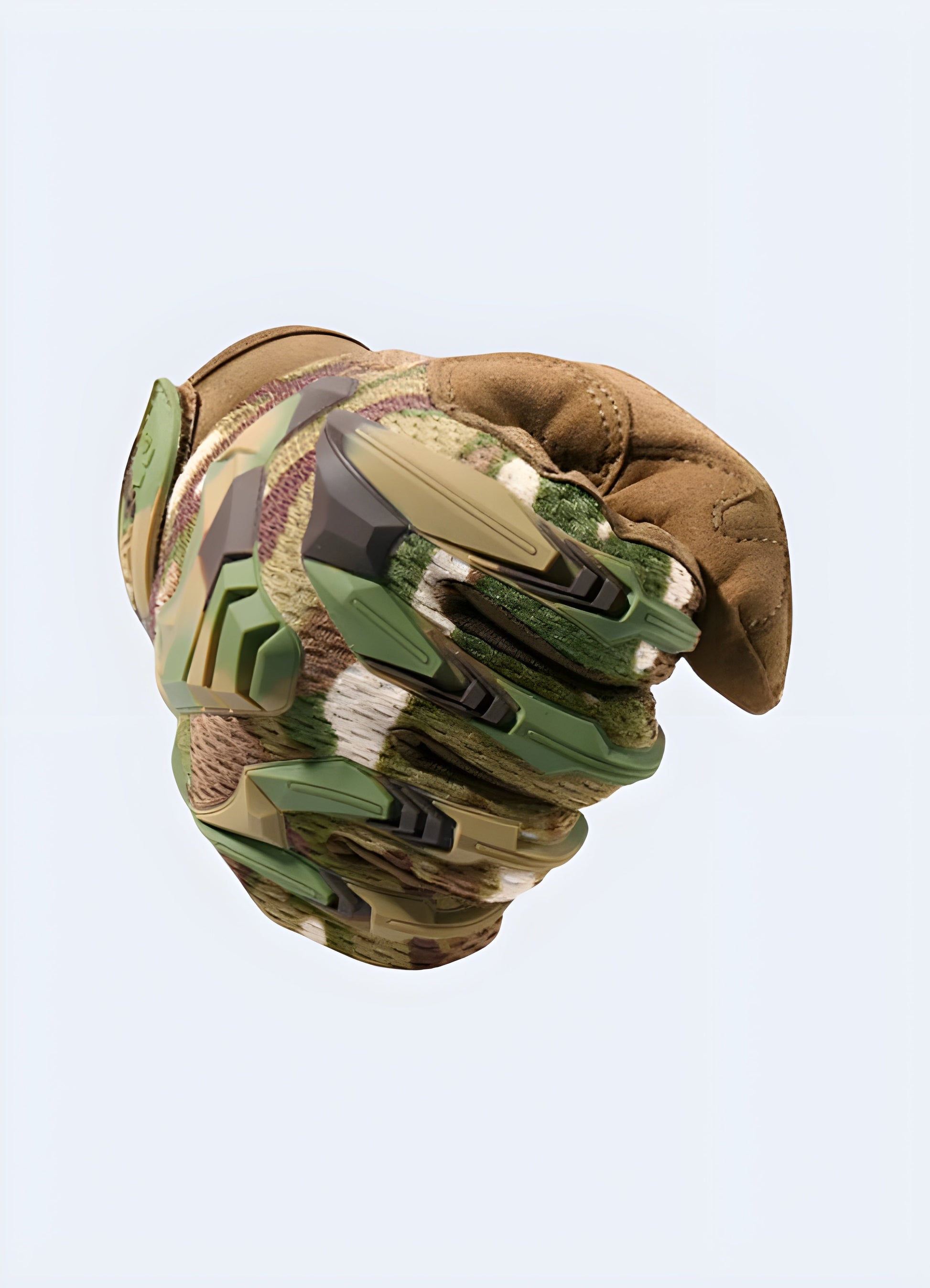 Model wearing camo tactical gloves, demonstrating their fit and functionality, suitable for military and special forces with fire-resistant carbon knuckle protectors Canada.