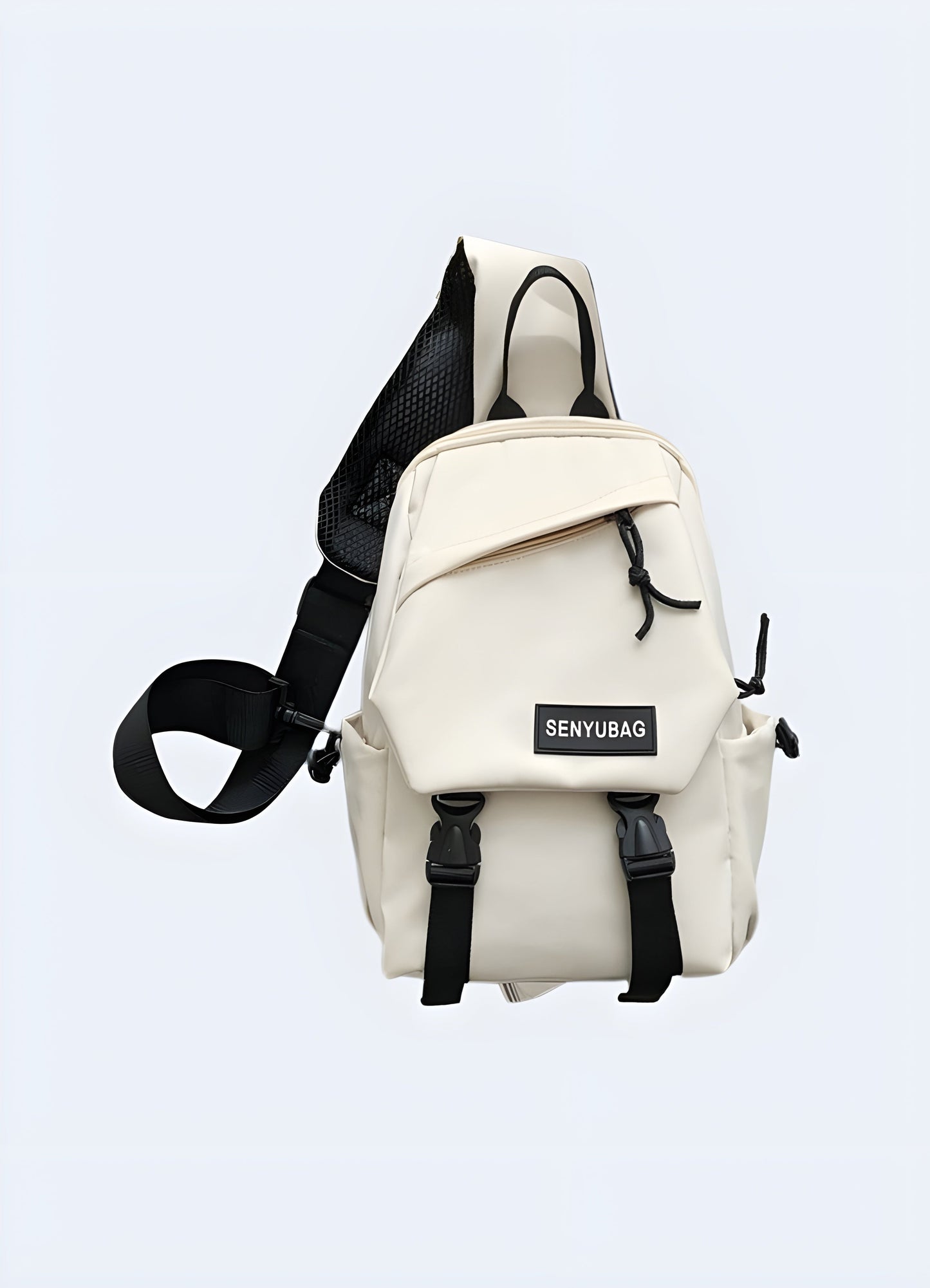 The bag’s compartments, including zippers and any external pockets, are clearly visible. The model’s outfit is casual, with the white bag adding a modern, stylish touch to their look Canada.