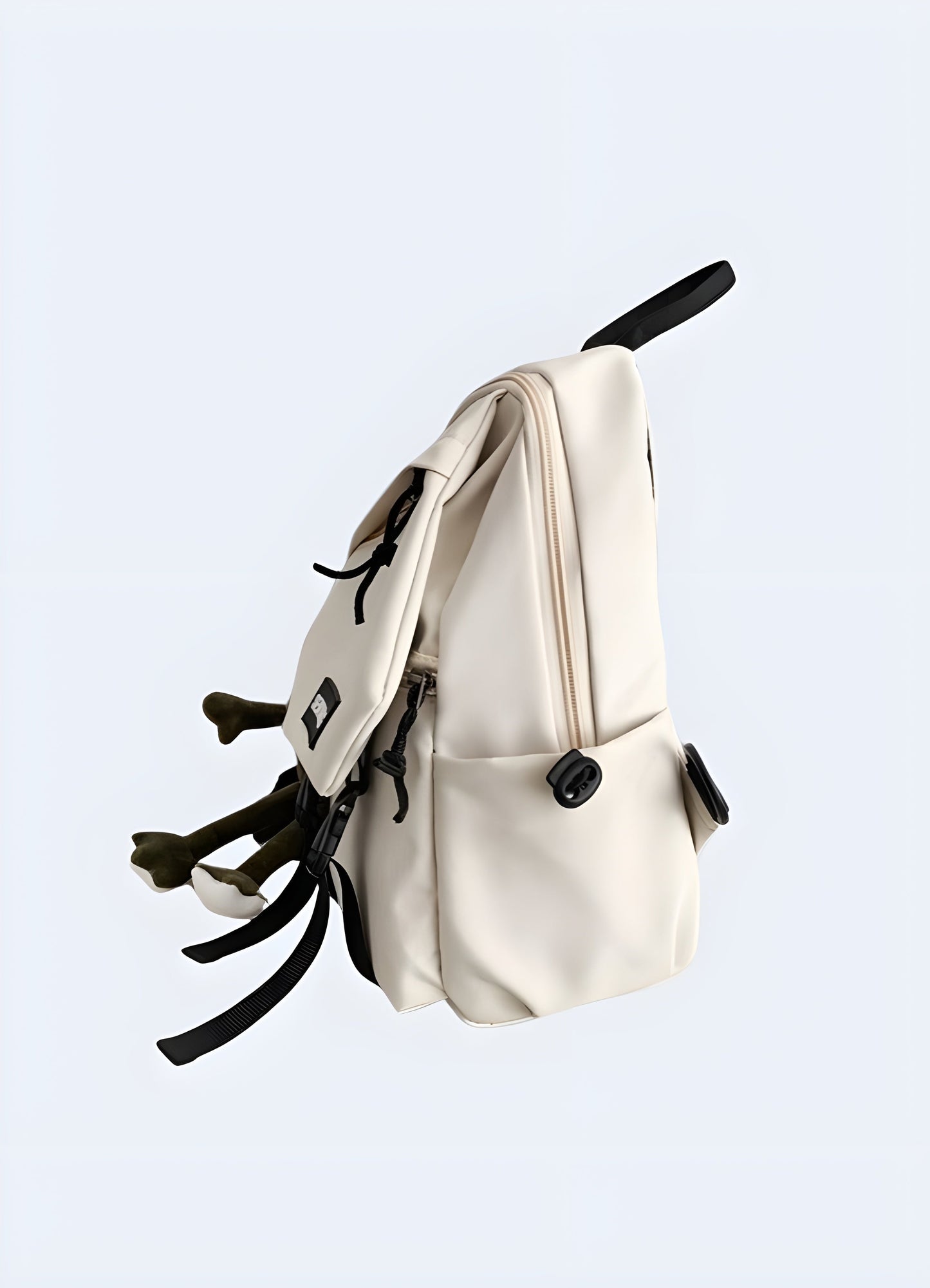 The white bag contrasts with the model’s casual outfit, and the focus is on how the bag fits and looks from the side angle Canada.