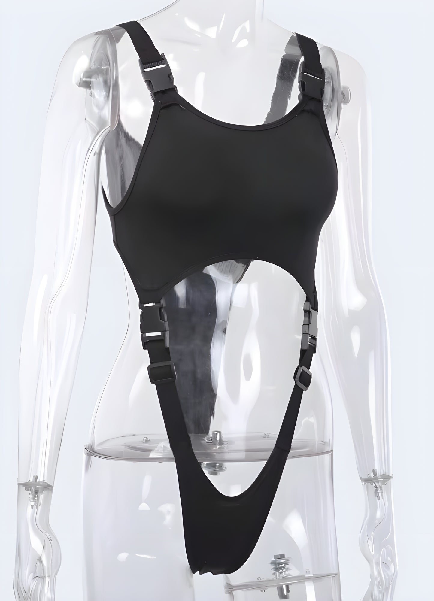 Sleek black cyberpunk bodysuit with futuristic design, perfect for Canada fashion enthusiasts seeking edgy and innovative urban wear.