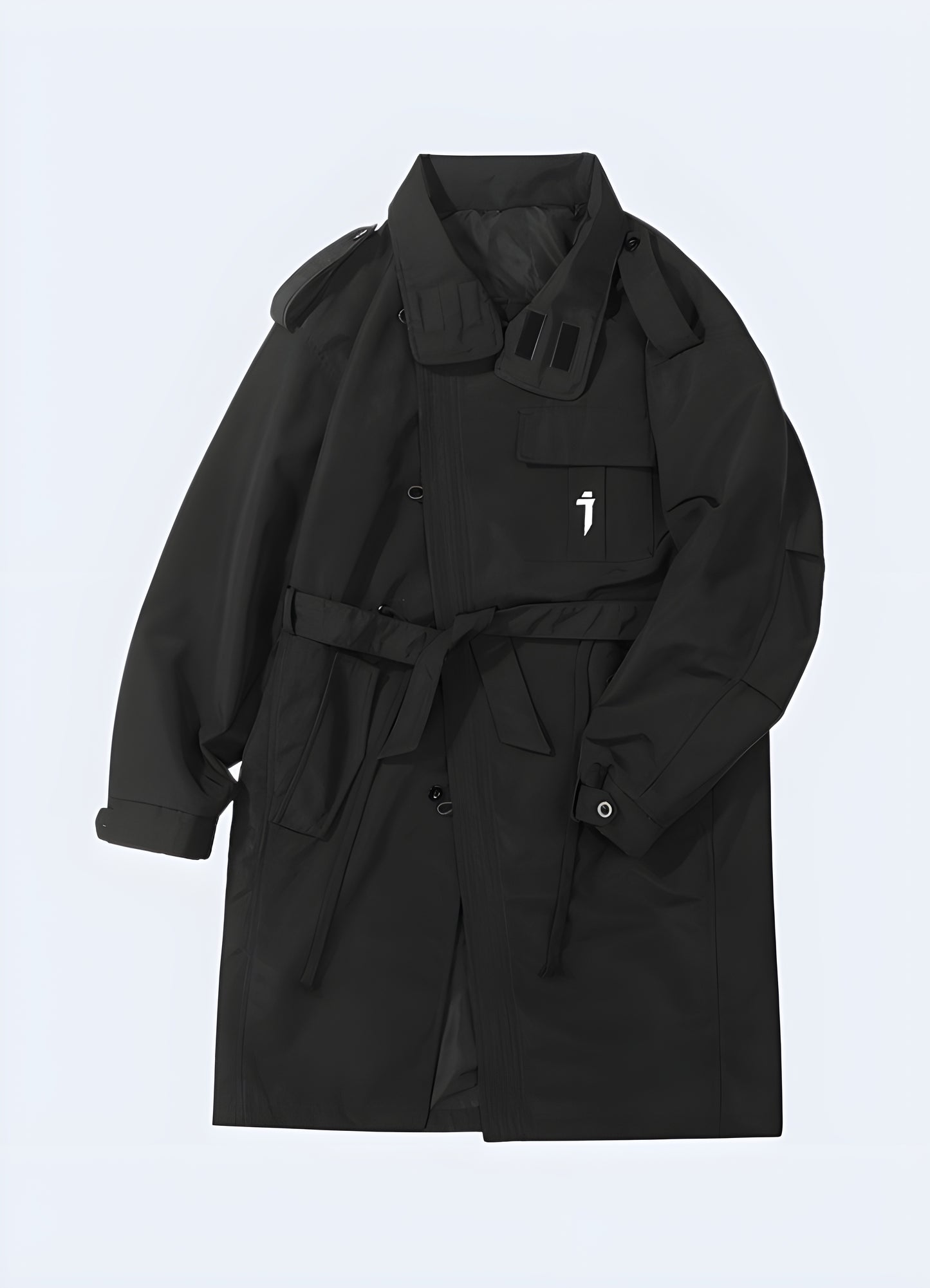 Front side view of a revolutionary cyberpunk futuristic jacket, showcasing its unique styling and advanced materials, ideal for fashion-forward Canadians embracing the cyberpunk aesthetic in their everyday wear.