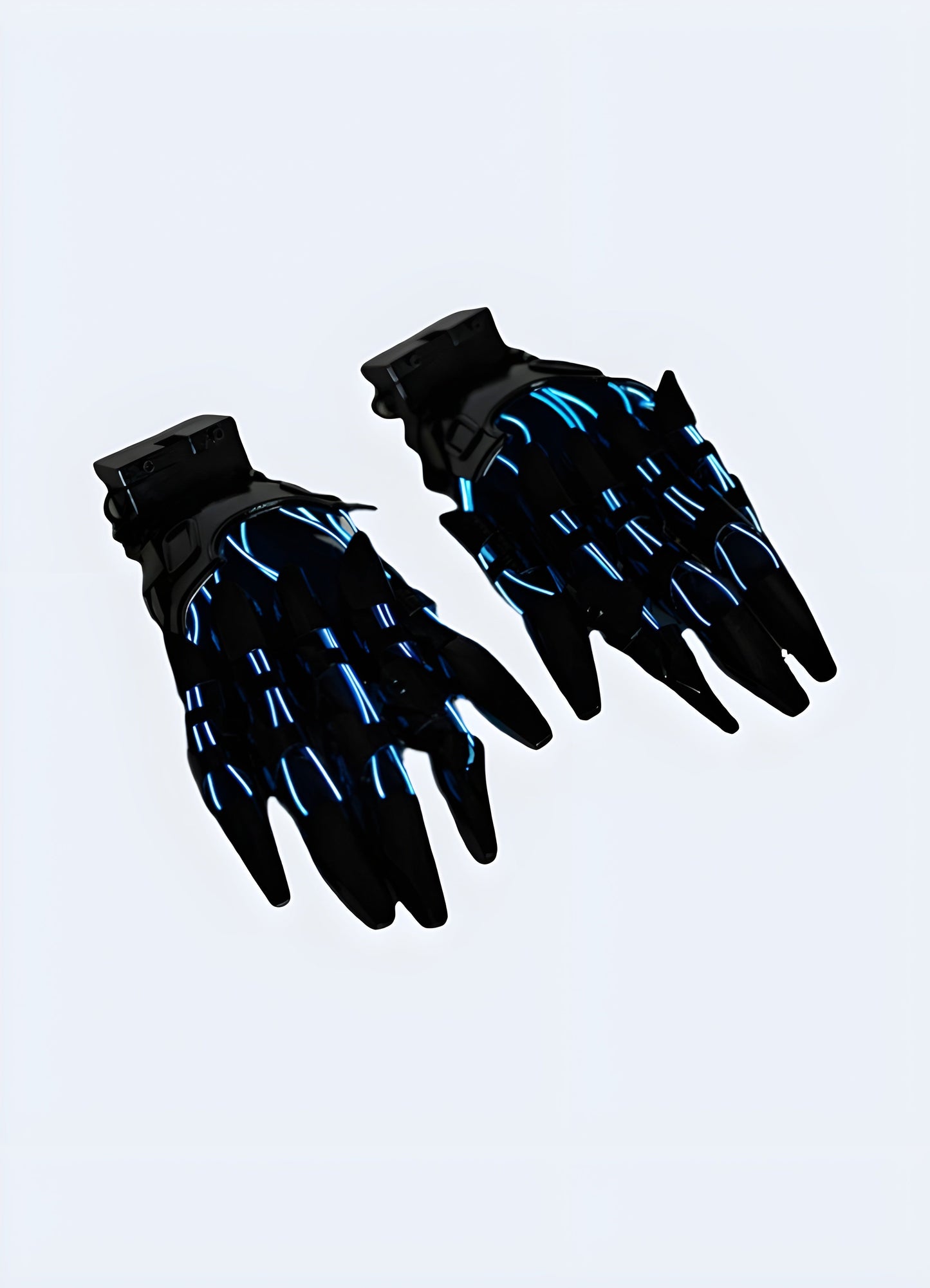 Cyberpunk-themed gloves, front view, showcasing sleek, futuristic design with illuminated lines and reinforced knuckles Canada.