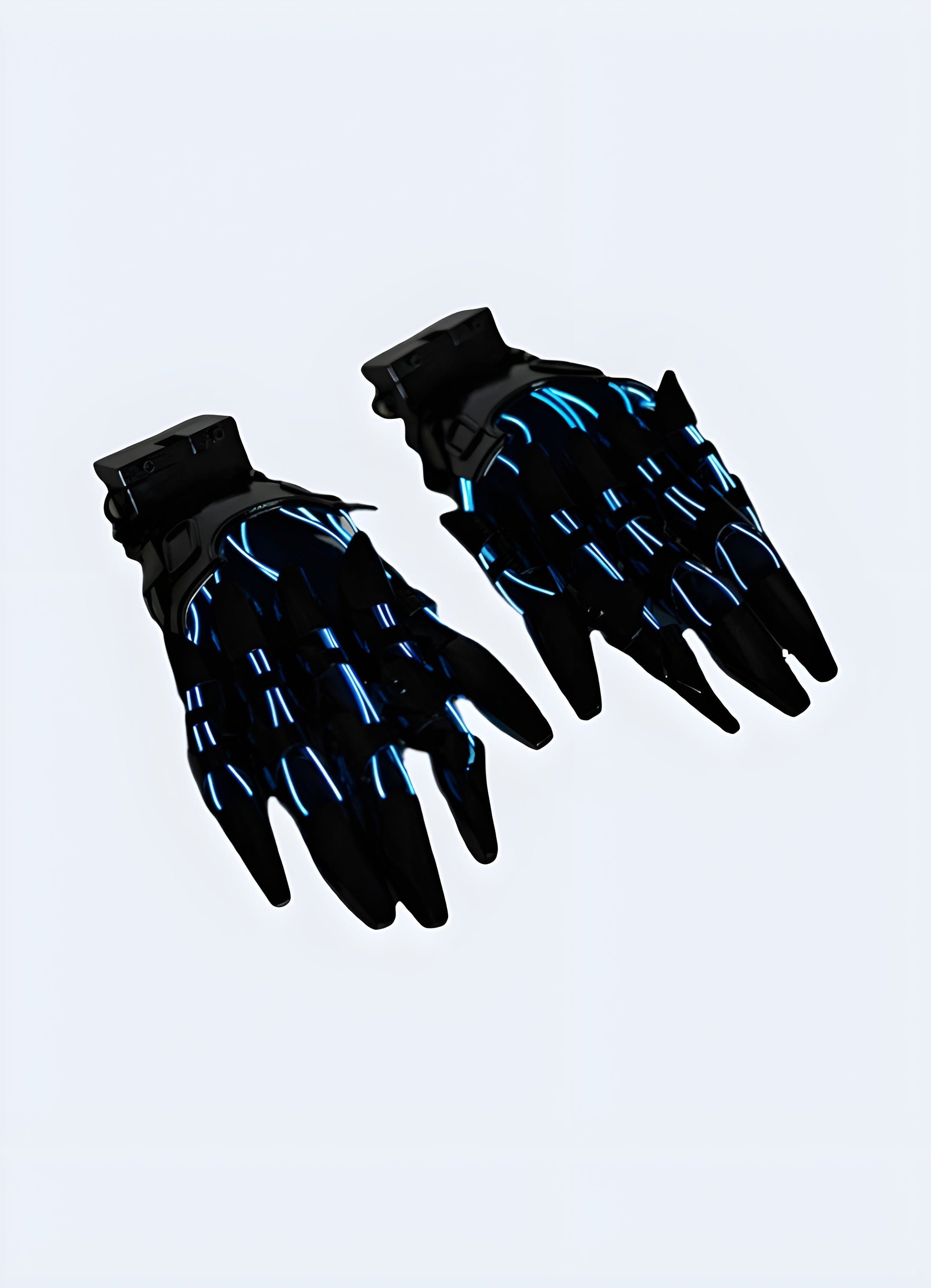 Cyberpunk-themed gloves, front view, showcasing sleek, futuristic design with illuminated lines and reinforced knuckles Canada.