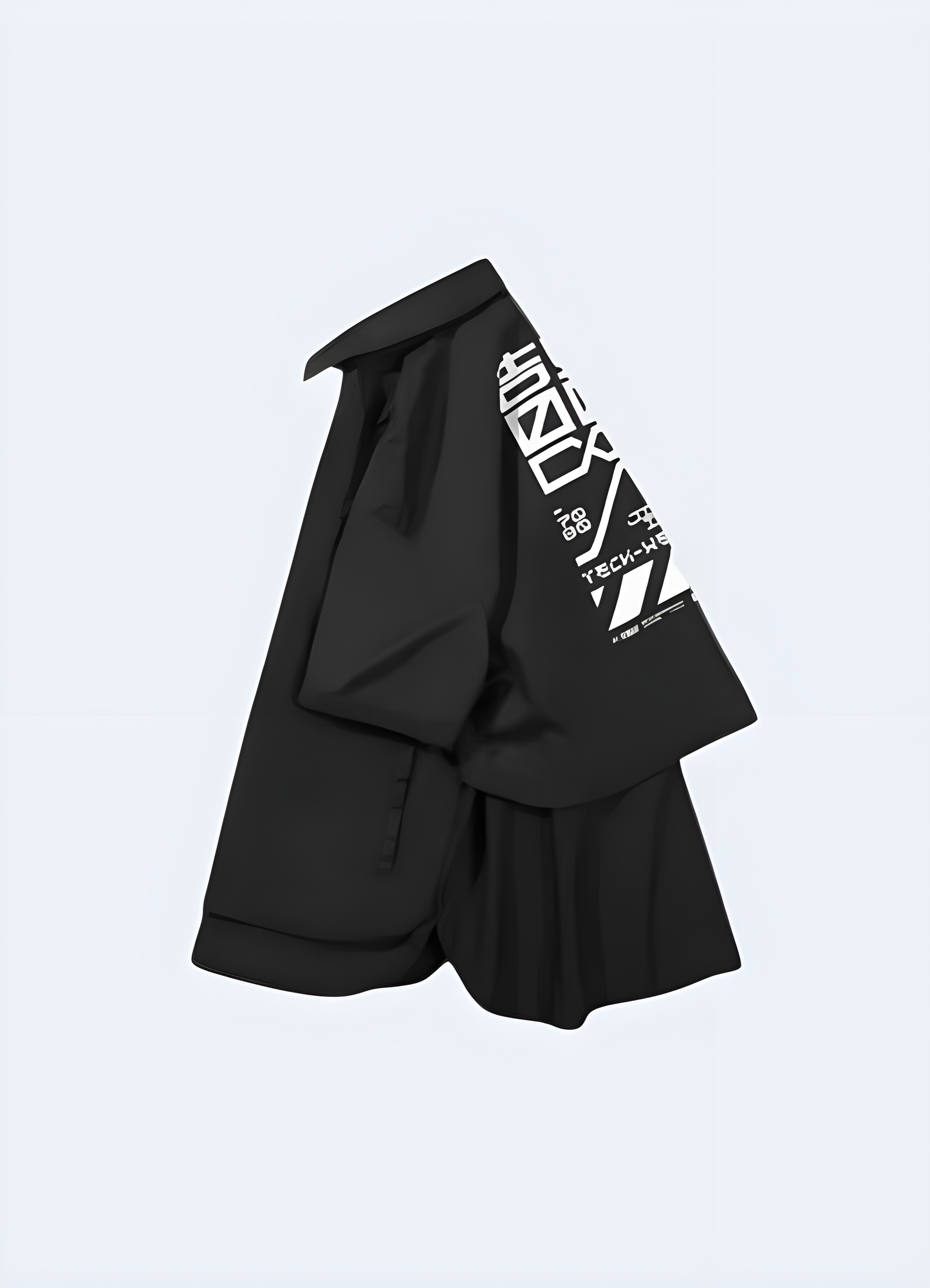 Side view of an edgy cyberpunk kimono in black and red, blending traditional Japanese fashion with futuristic elements, photographed in a modern Canada setting.