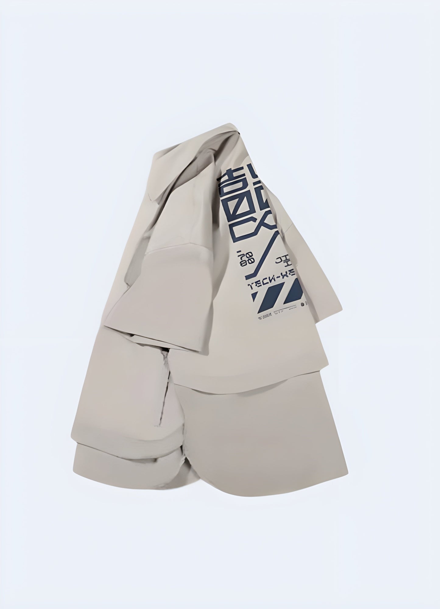 Side view of a striking white cyberpunk kimono, showcasing the garment's innovative design, high-tech materials, and the perfect fusion of ancient cultural heritage with a futuristic, neo-noir vision that redefines contemporary fashion Canada.