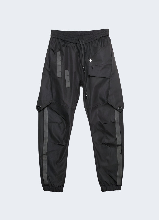 Front view of trendy cyberpunk pants showcasing their unique style and attention to detail, perfect for fashion-forward individuals in Canada.