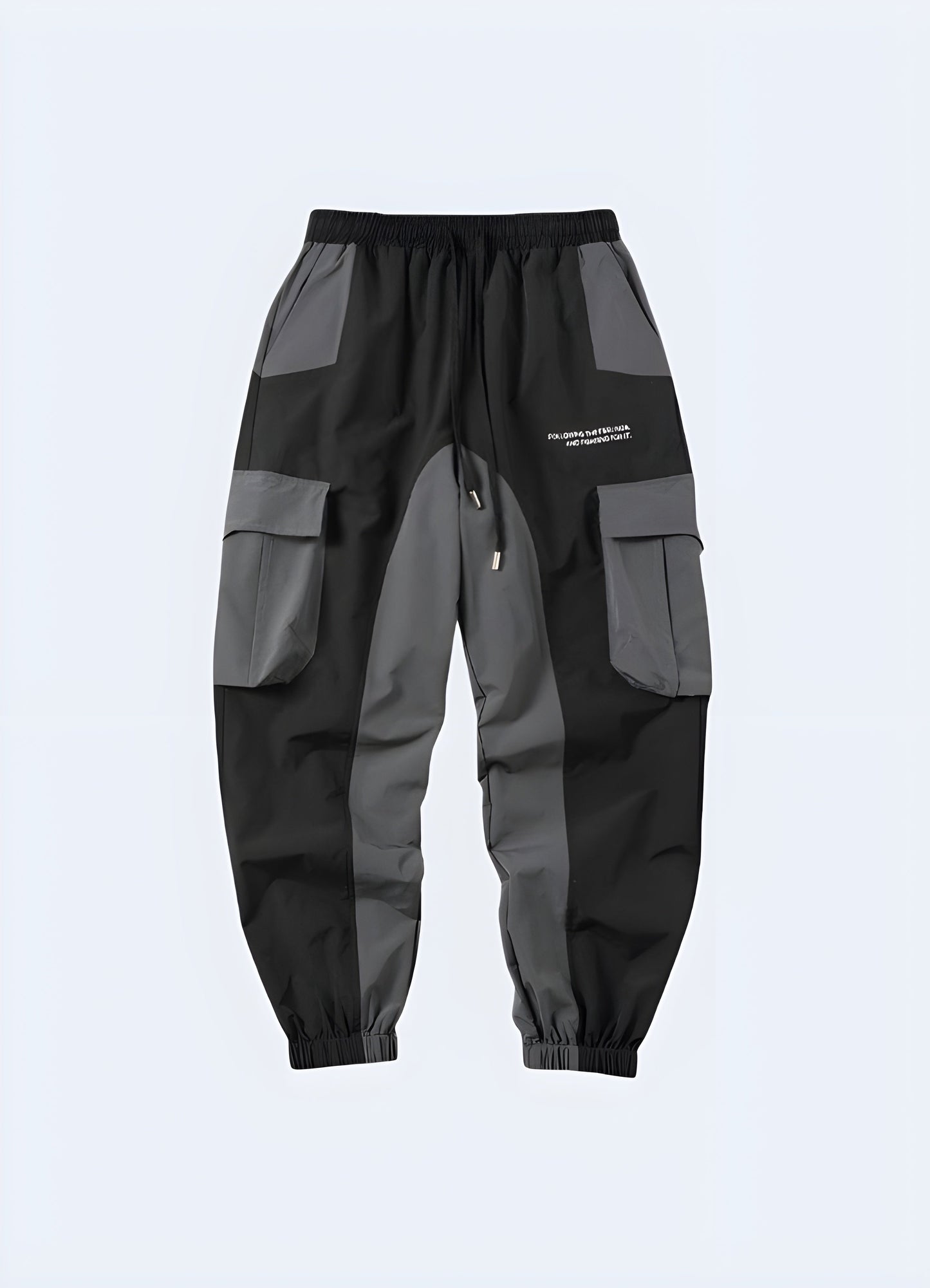 Black cyberpunk joggers, front view, edgy and comfortable bottoms for Canada tech-savvy fashionistas.