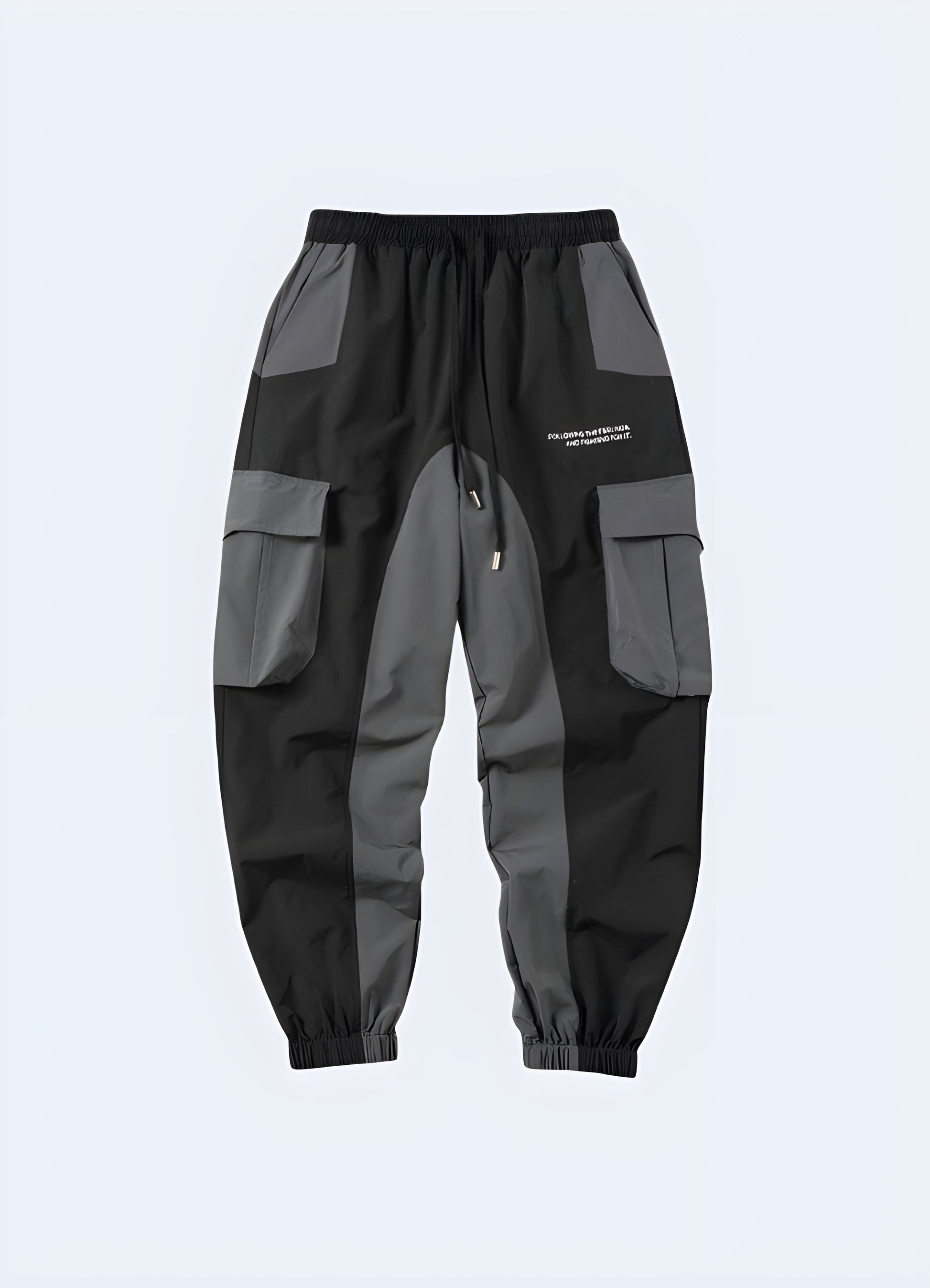 Black cyberpunk joggers, front view, edgy and comfortable bottoms for Canada tech-savvy fashionistas.