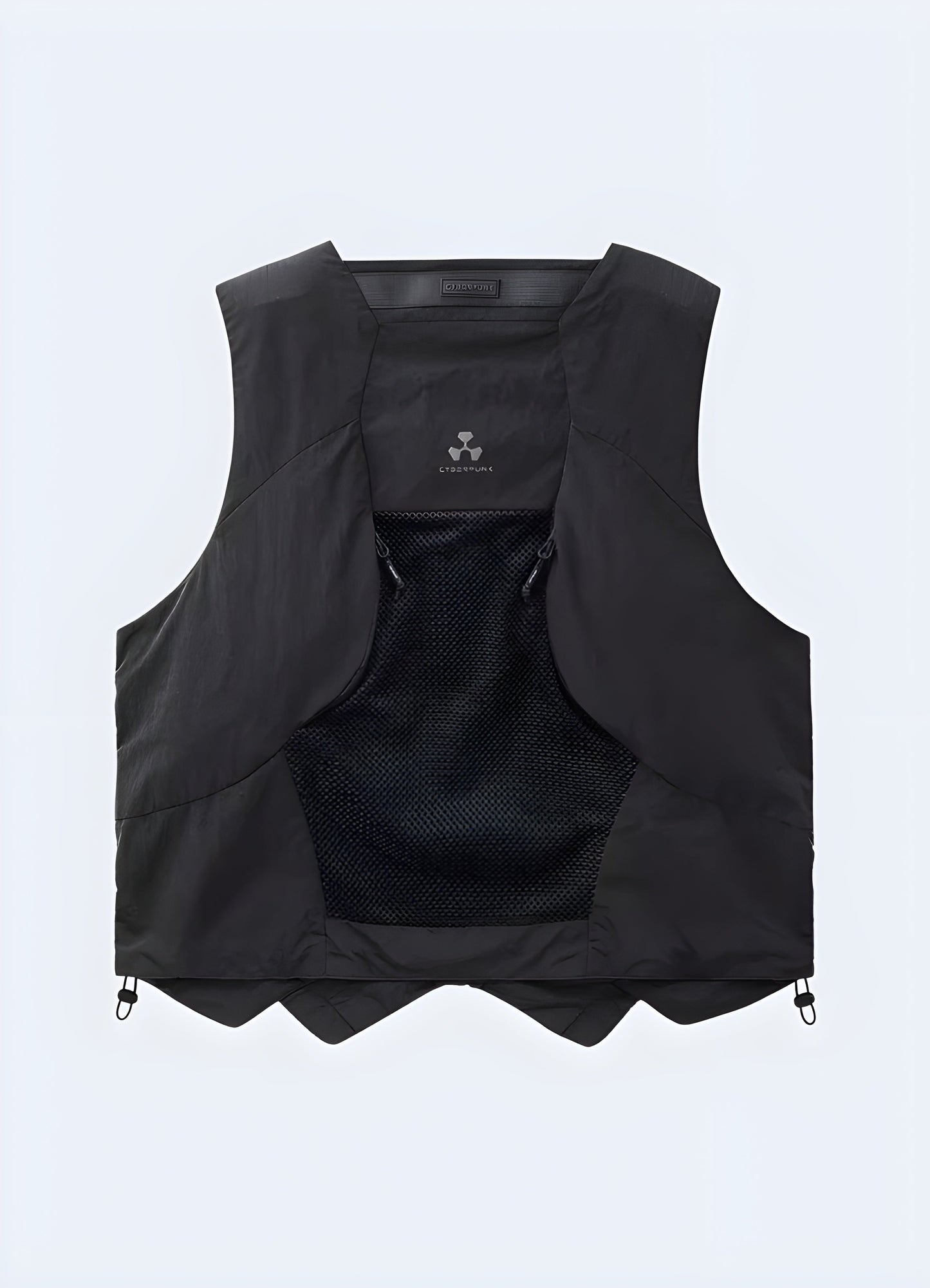 Back view of a cyberpunk tactical vest, highlighting its sleek silhouette and durable construction, a must-have for Canada sci-fi and streetwear aficionados.